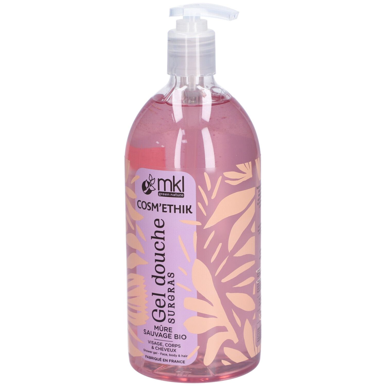 Flacon transparent avec liquide rose et pompe. Étiquette avec informations produit et logo.
