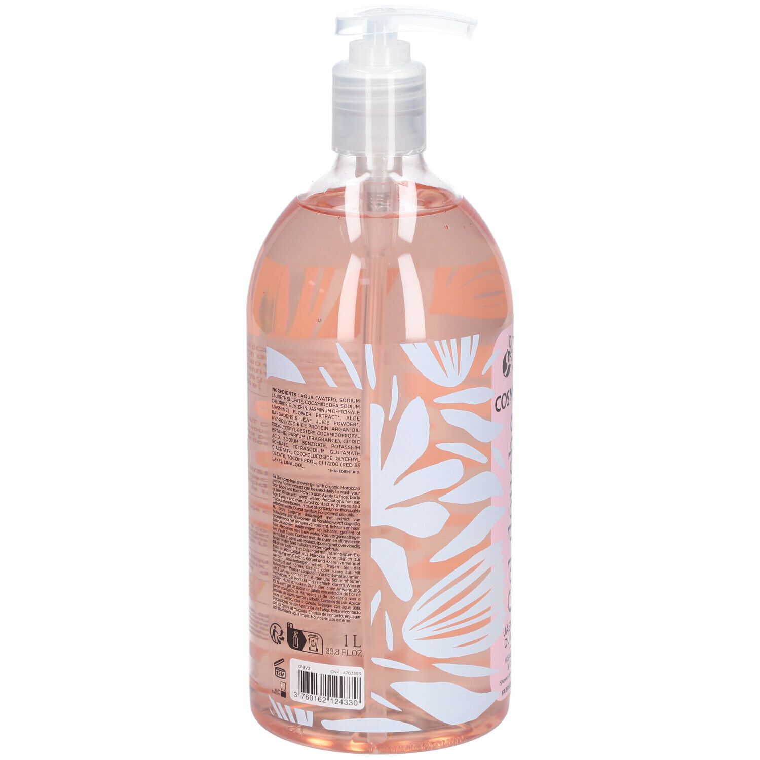 Flacon transparent avec liquide rose. Dos avec texte. Avec pompe. Marque 1L.