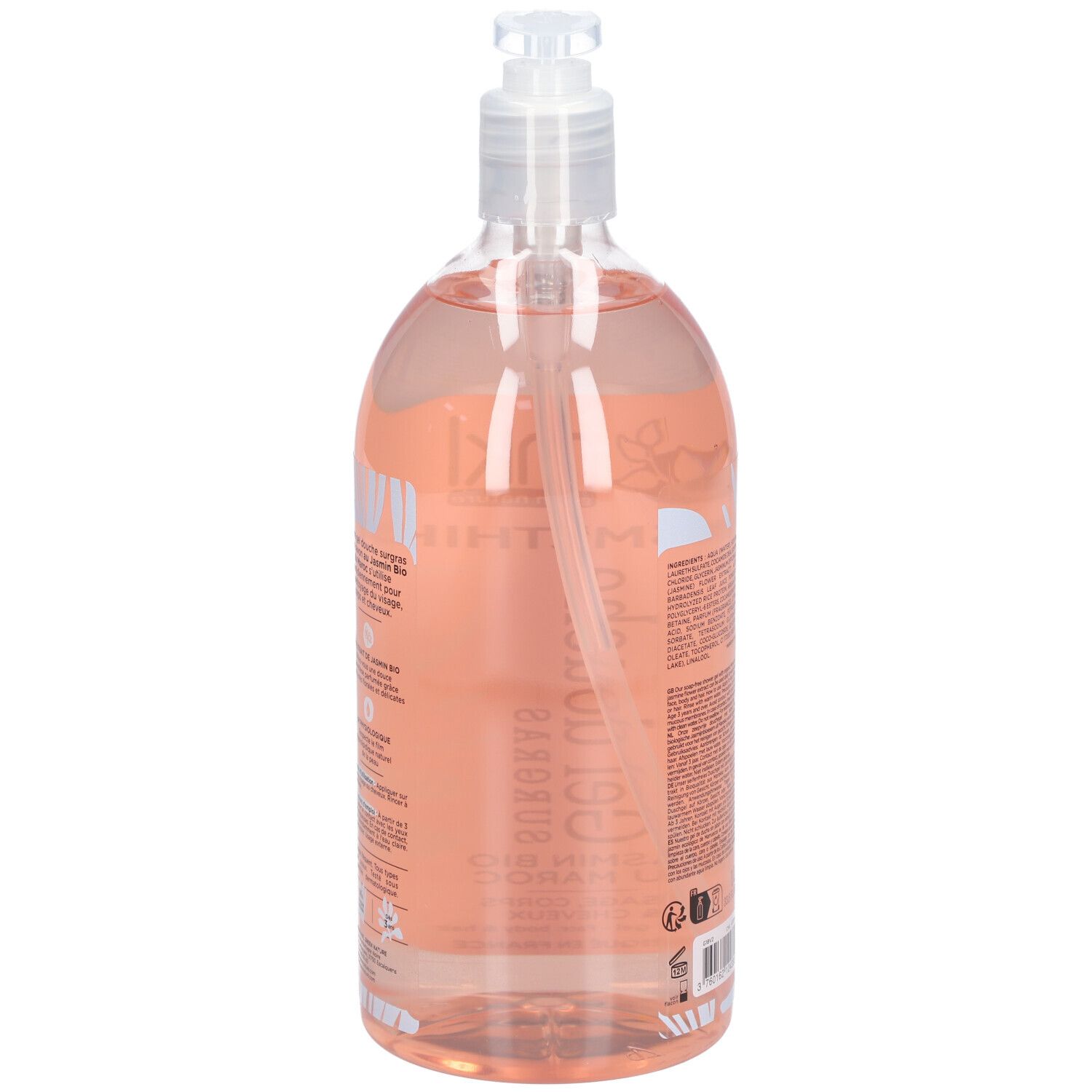 Flacon transparent avec liquide rose. Dos avec texte. Avec pompe. Marque 1L.