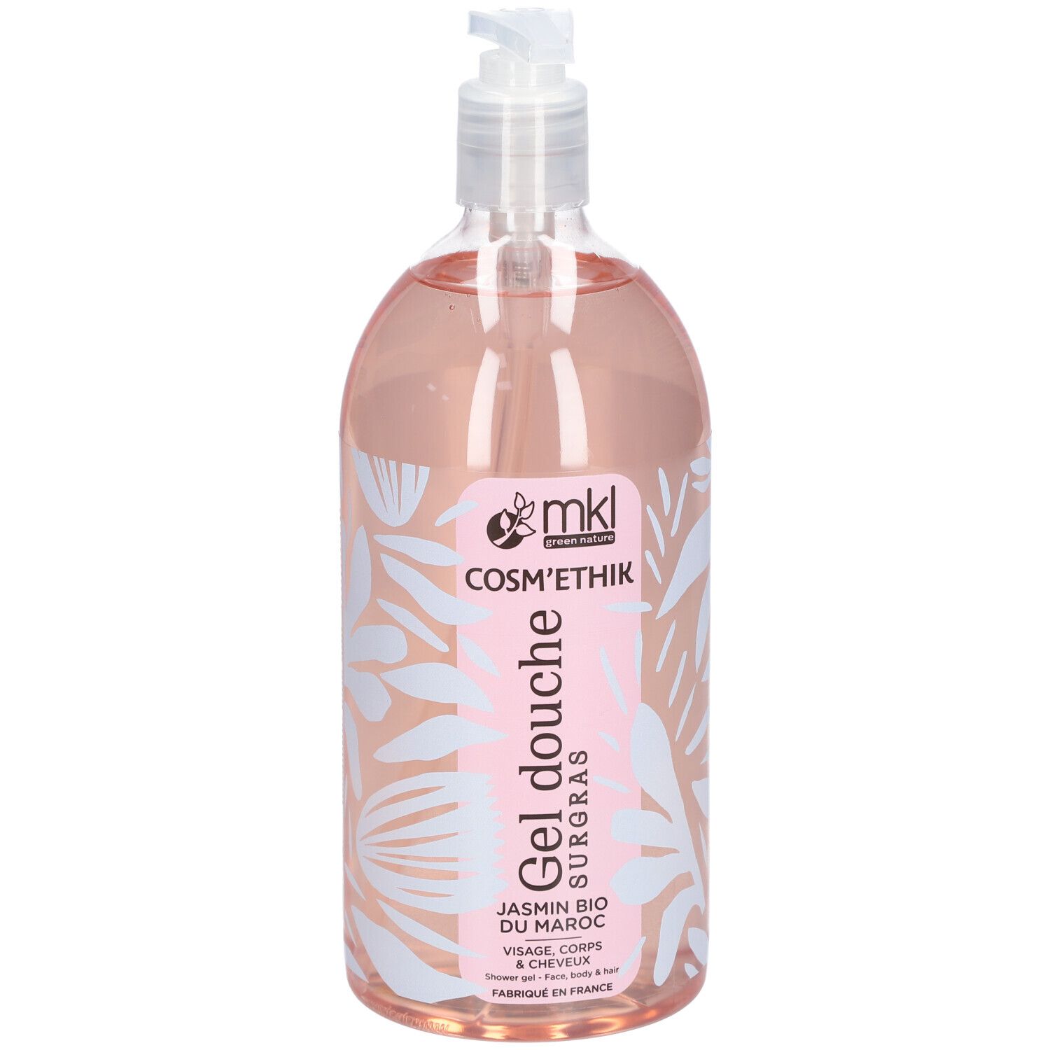 Flacon transparent avec liquide rose. Étiquette avec texte: Gel douche, Jasmin Bio du Maroc. Avec pompe.