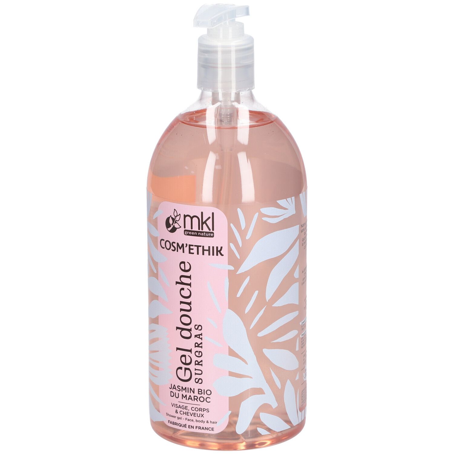 Flacon transparent avec liquide rose. Étiquette avec texte: Gel douche, Jasmin Bio du Maroc. Avec pompe.
