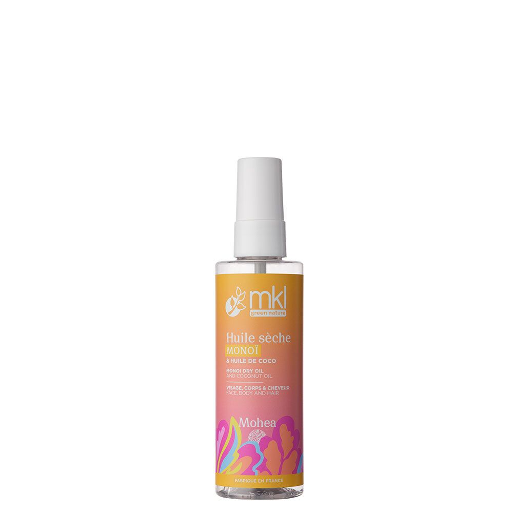 Flacon d'huile sèche pour corps et cheveux avec vaporisateur. Inscriptions : Huile sèche, Monoï, Mohea. Étiquettes jaunes, roses et oranges.