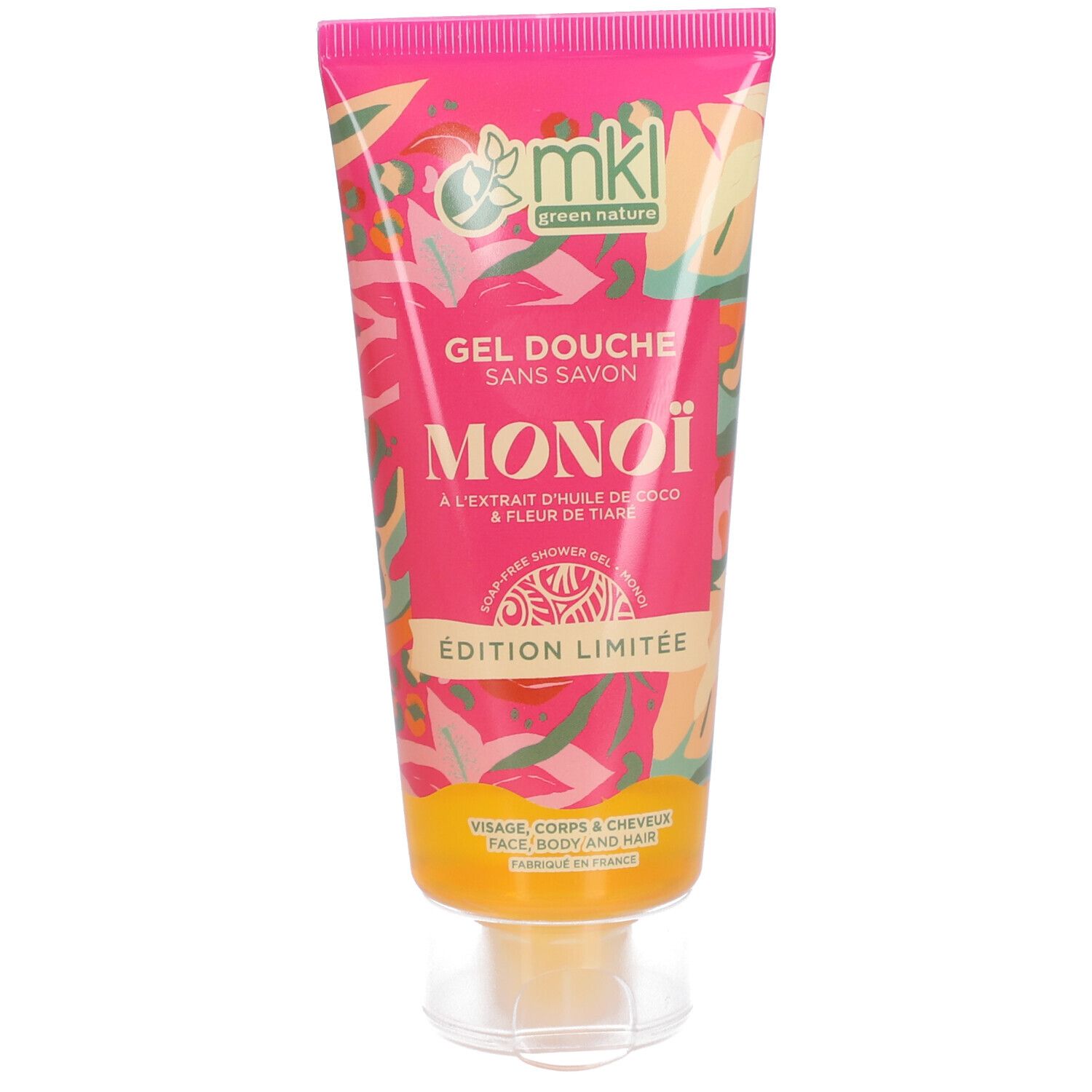 Tube rose avec motifs floraux. Inscription: Gel Douche Sans Savon Monoï Édition Limitée. Logo MKL Green Nature.