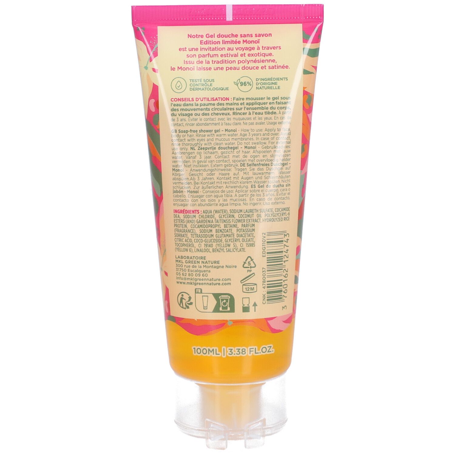 Dos du tube. Texte: Gel Douche Sans Savon Monoï Édition Limitée. Ingrédients et instructions d'utilisation.
