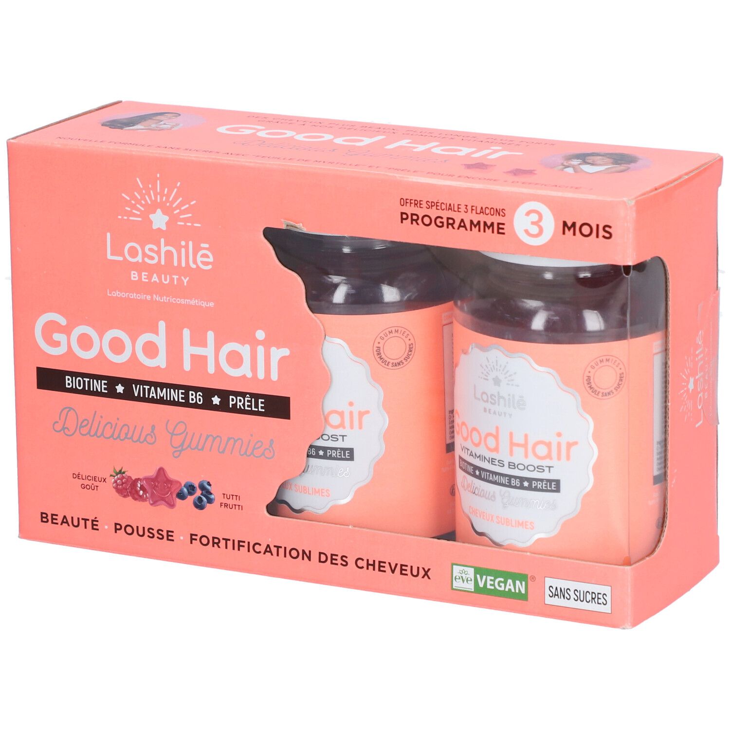Boîte GOOD HAIR VITAMINE BOOST GUMM Gomme contenant deux flacons. Carton rose avec nom et logo du produit. Vegan et sans sucre.