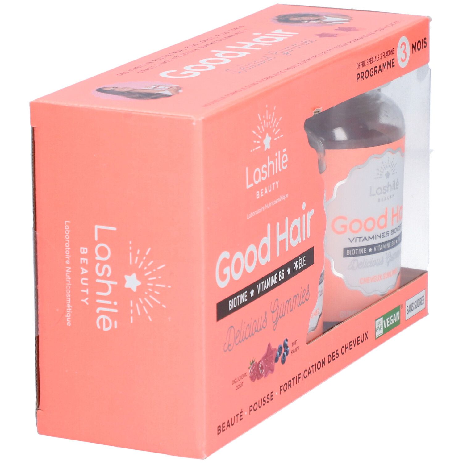 Emballage en carton rose avec une bouteille de GOOD HAIR VITAMINE BOOST GUMM Gomme. Nom du produit et logo visibles. Vegan et sans sucre.
