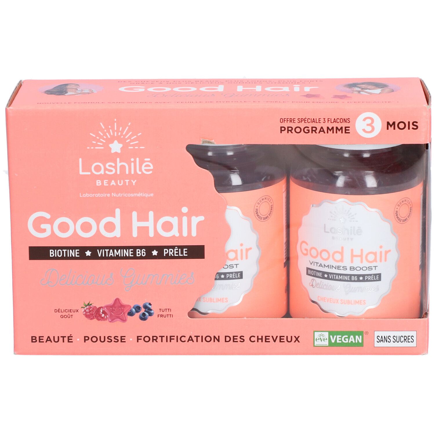 Boîte GOOD HAIR VITAMINE BOOST GUMM Gomme contenant deux flacons. Carton rose avec nom et logo du produit. Vegan et sans sucre.
