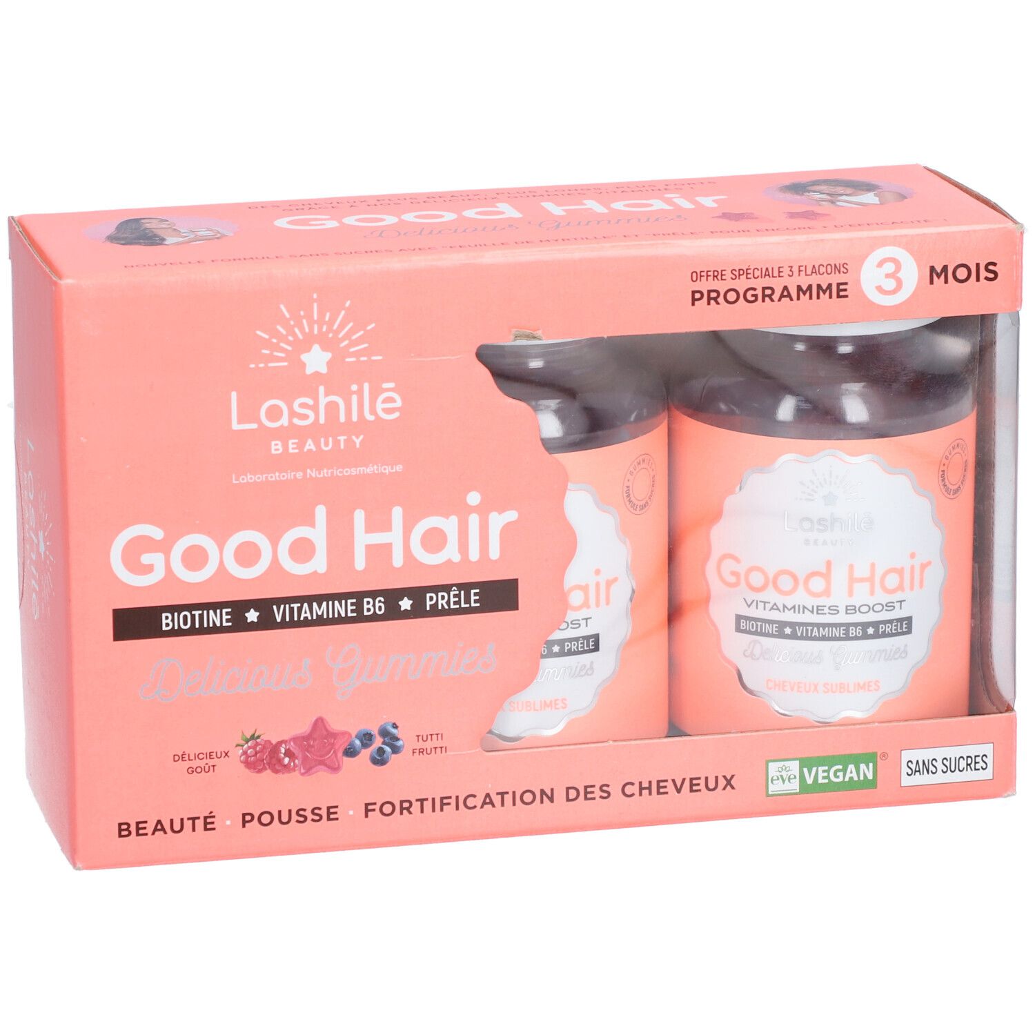 Boîte GOOD HAIR VITAMINE BOOST GUMM Gomme contenant deux flacons. Carton rose avec nom et logo du produit. Vegan et sans sucre.