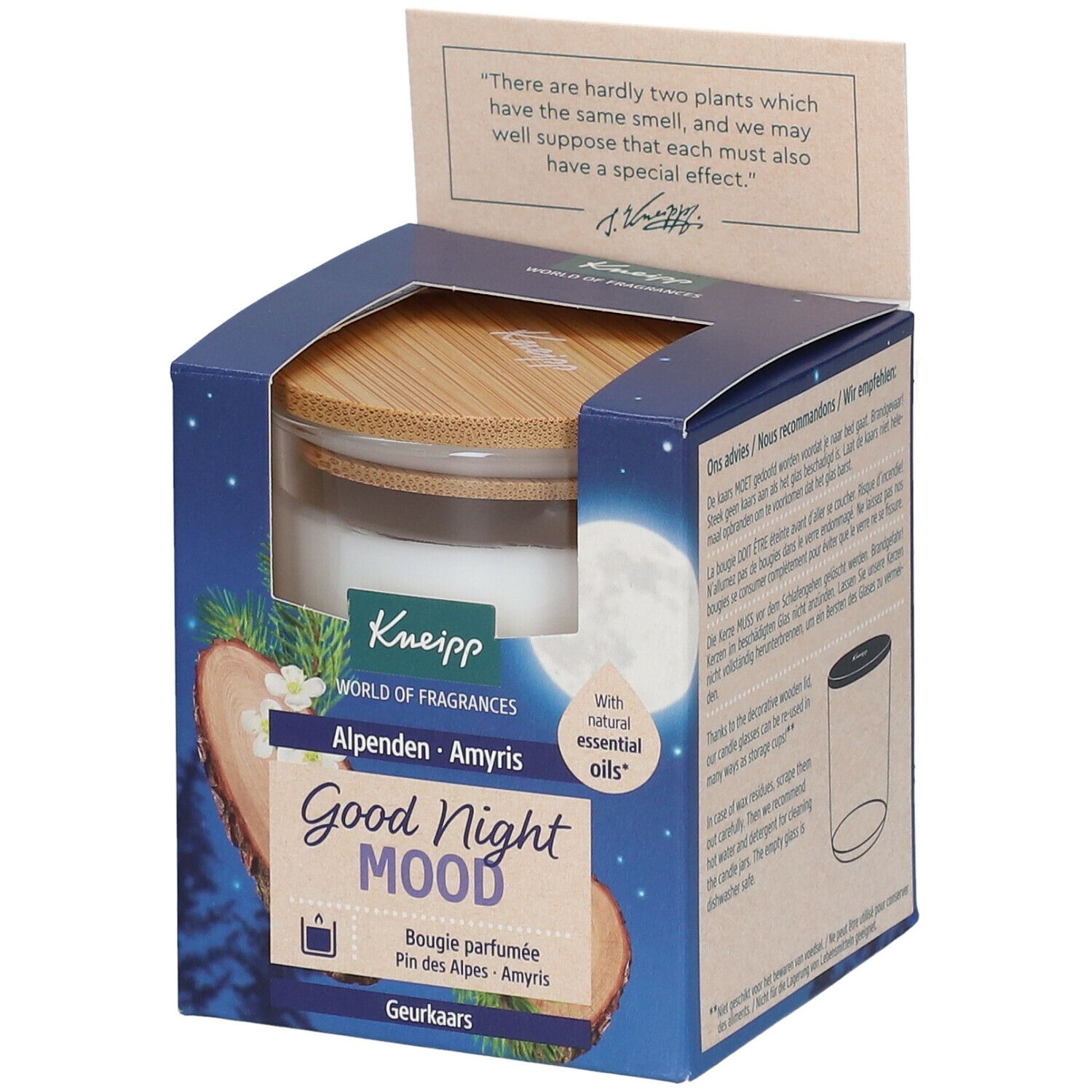 Bougie parfumée Kneipp Good Night Mood dans son emballage. Récipient en verre avec couvercle en bois. Inscription : Alpen-Amyris, Good Night Mood.