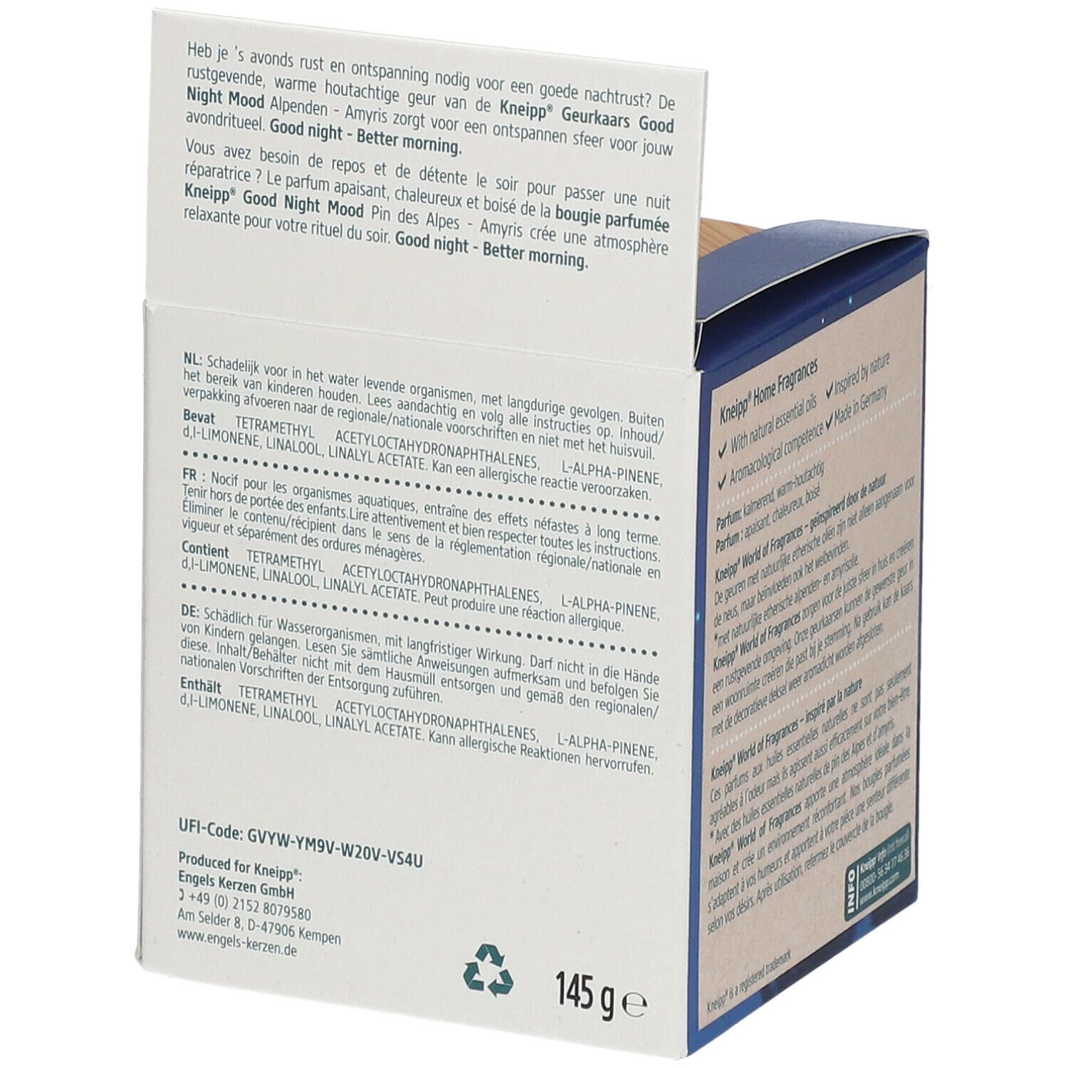 Emballage de la bougie parfumée Kneipp Good Night Mood. Dos avec texte multilingue, dont le français, et indication de poids : 145 g.
