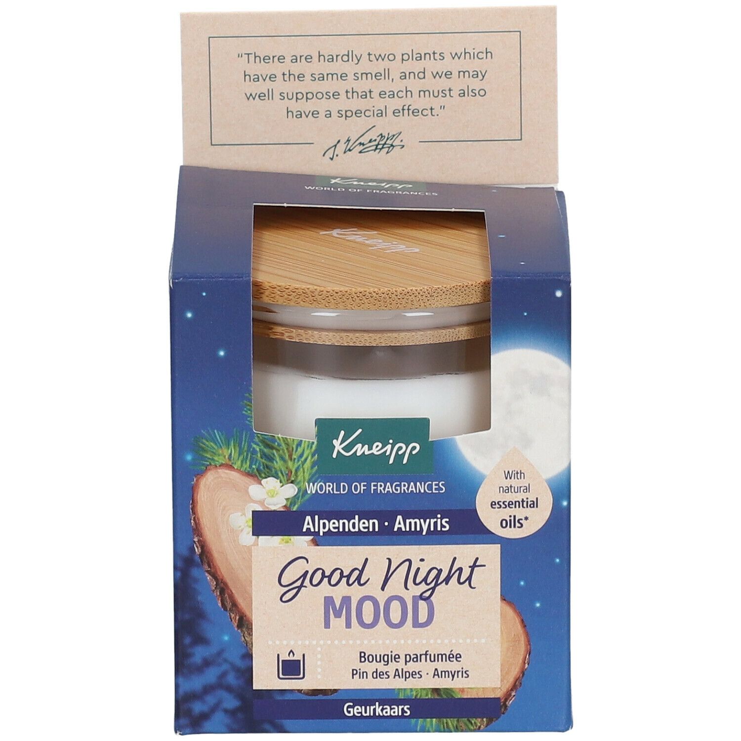 Bougie parfumée Kneipp Good Night Mood dans son emballage. Récipient en verre avec couvercle en bois. Inscription : Alpen-Amyris, Good Night Mood.
