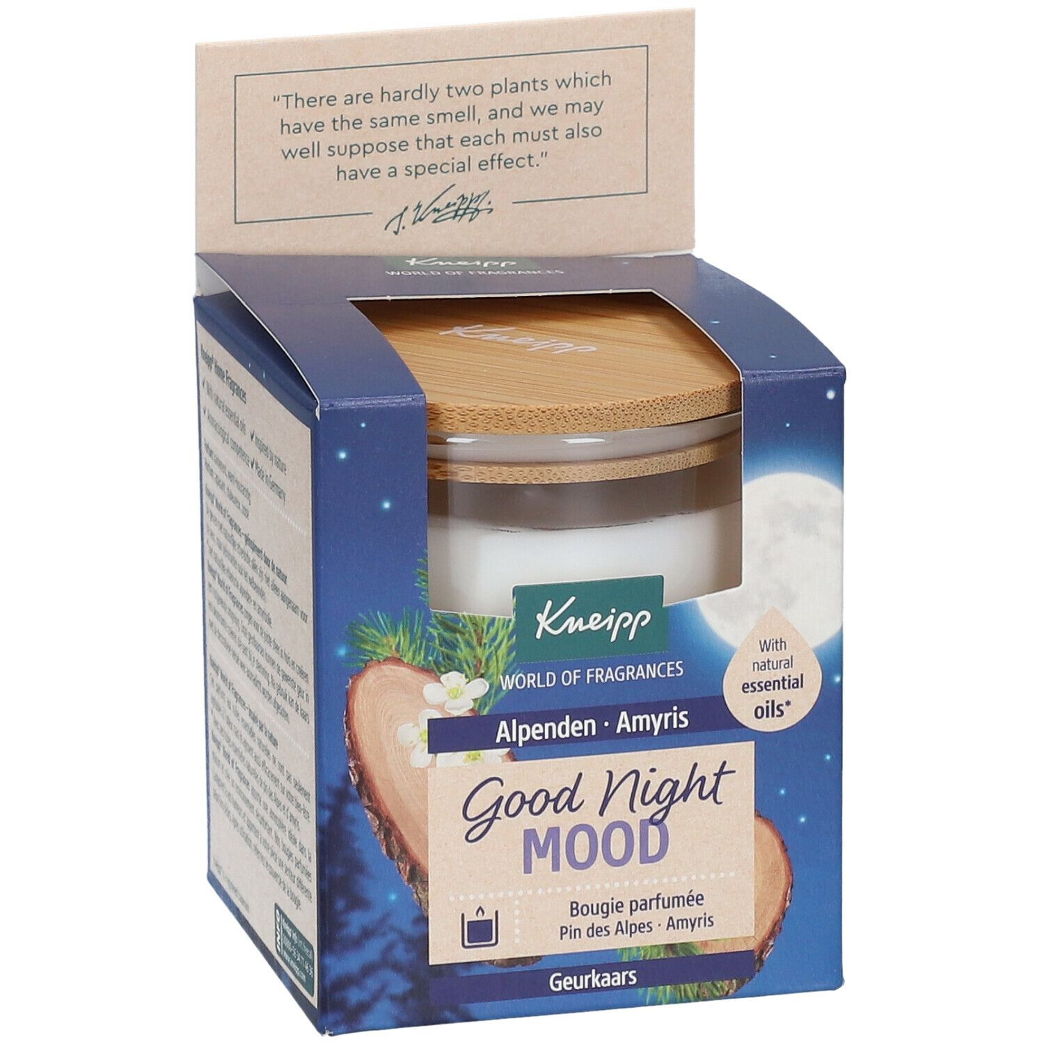 Bougie parfumée Kneipp Good Night Mood dans son emballage. Récipient en verre avec couvercle en bois. Inscription : Alpen-Amyris, Good Night Mood.