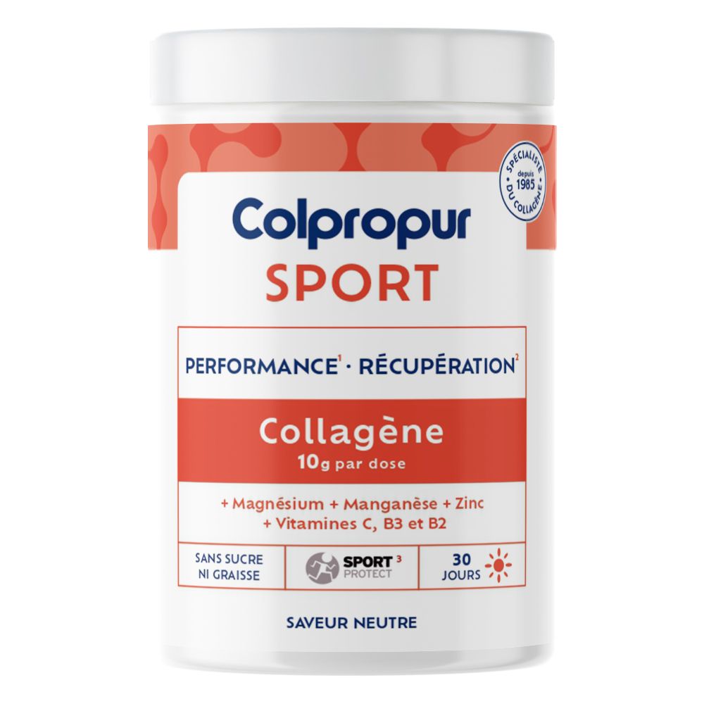 Boîte de poudre Colpropur Sport Collagène, 10g de collagène par dose, Magnésium, Manganèse, Zinc, Vitamines C, B3, B2. Sans sucre, sans graisse.
