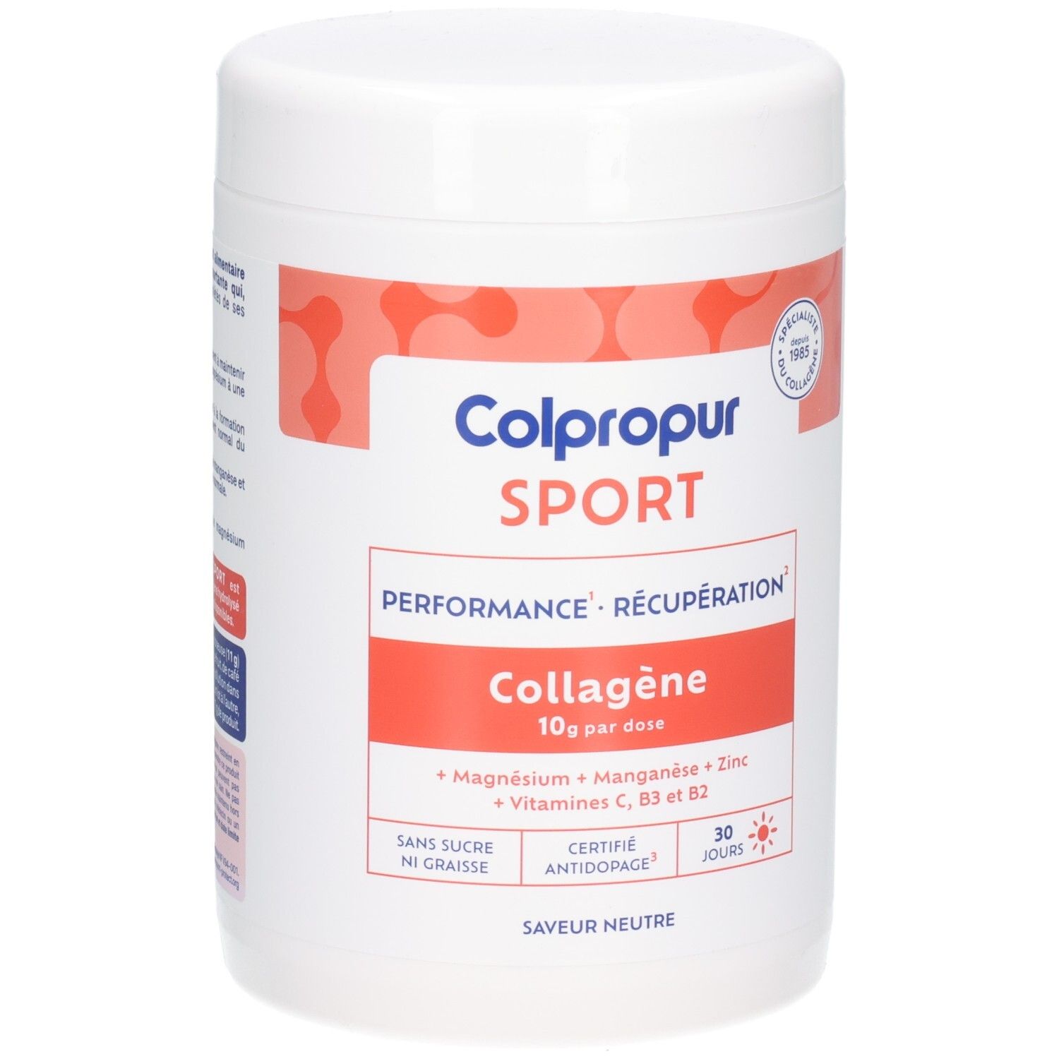 Boîte de poudre Colpropur Sport Collagène, 10g de collagène par dose, Magnésium, Manganèse, Zinc, Vitamines C, B3, B2. Certifié anti-dopage.
