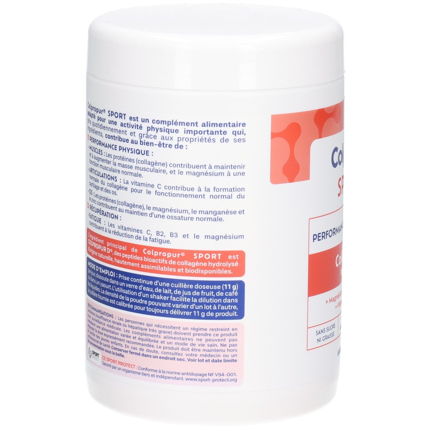 Arrière d'une boîte de poudre Colpropur Sport Collagène avec informations détaillées sur le produit et valeurs nutritionnelles.