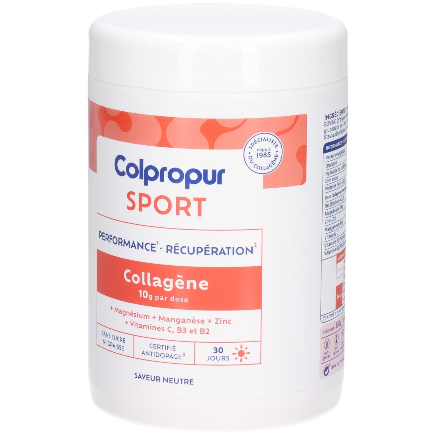 Boîte de poudre Colpropur Sport Collagène, 10g de collagène par dose, Magnésium, Manganèse, Zinc, Vitamines C, B3, B2. Saveur neutre.