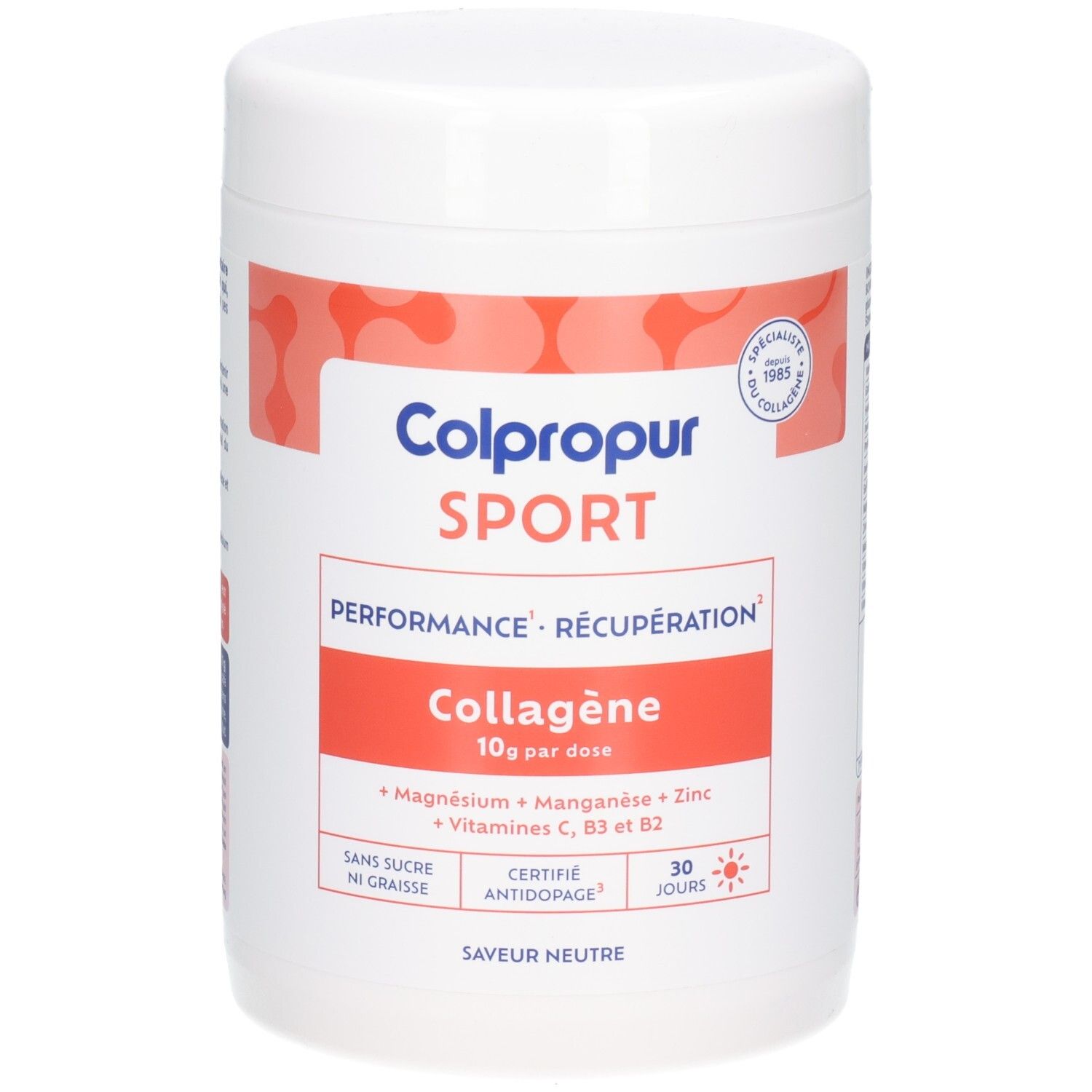 Boîte de poudre Colpropur Sport Collagène avec valeurs nutritionnelles pour 100g et par dose de 11g. Contient hydrolysat de collagène, vitamines et minéraux.