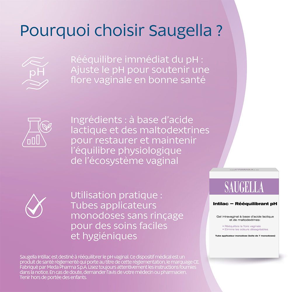 Saugella Intilac - Gel vaginal -  Rééquilibrant pH, Rééquilibre Immédiat de la Flore Vaginale et Soutien des Lactobacilles, élimine les mauvaises odeurs - Boite de 7 tubes Applicateurs - Monodoses