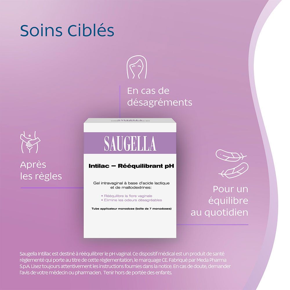 Saugella Intilac - Gel vaginal -  Rééquilibrant pH, Rééquilibre Immédiat de la Flore Vaginale et Soutien des Lactobacilles, élimine les mauvaises odeurs - Boite de 7 tubes Applicateurs - Monodoses