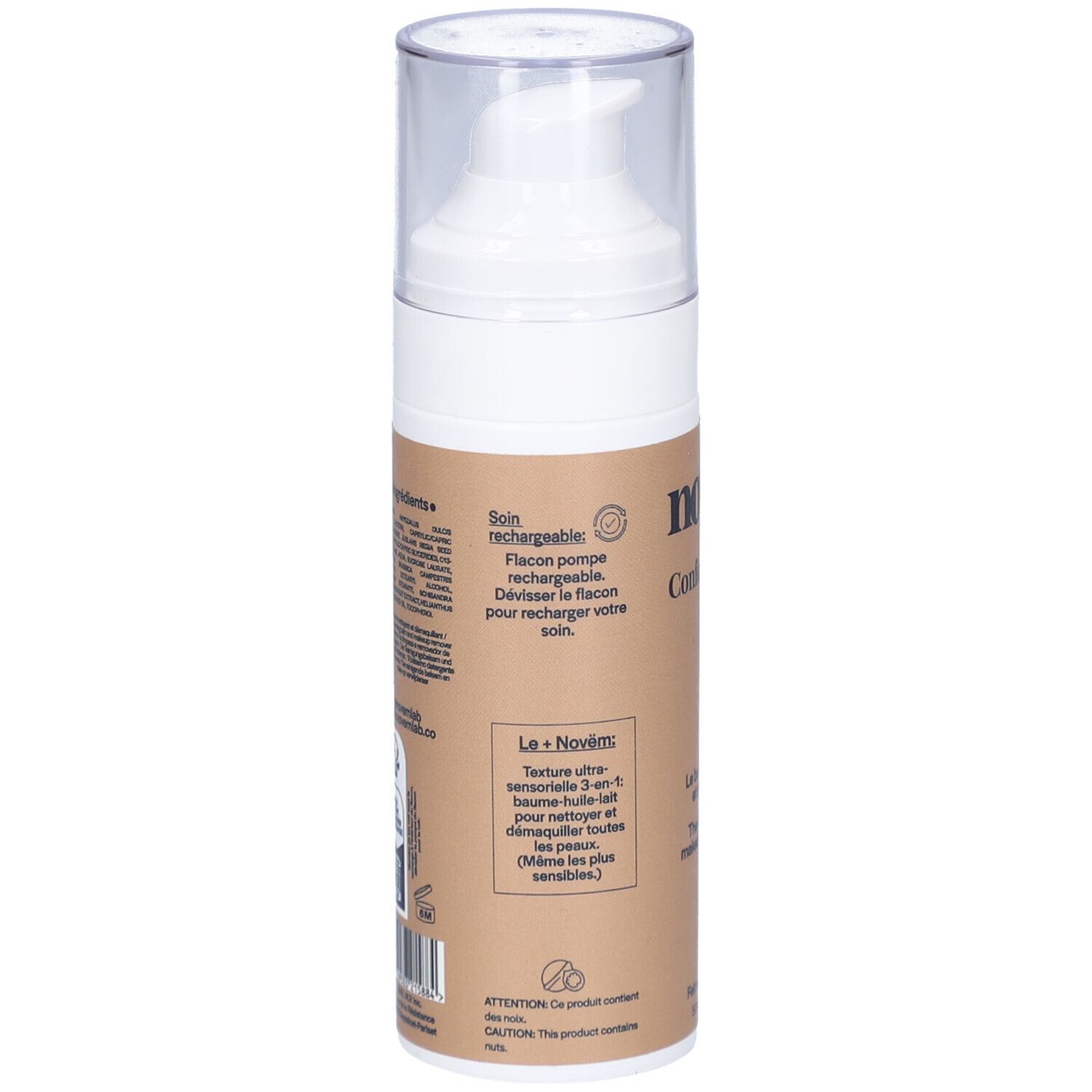 Dos du flacon. Étiquette marron avec informations produit et texte sur le flacon rechargeable.