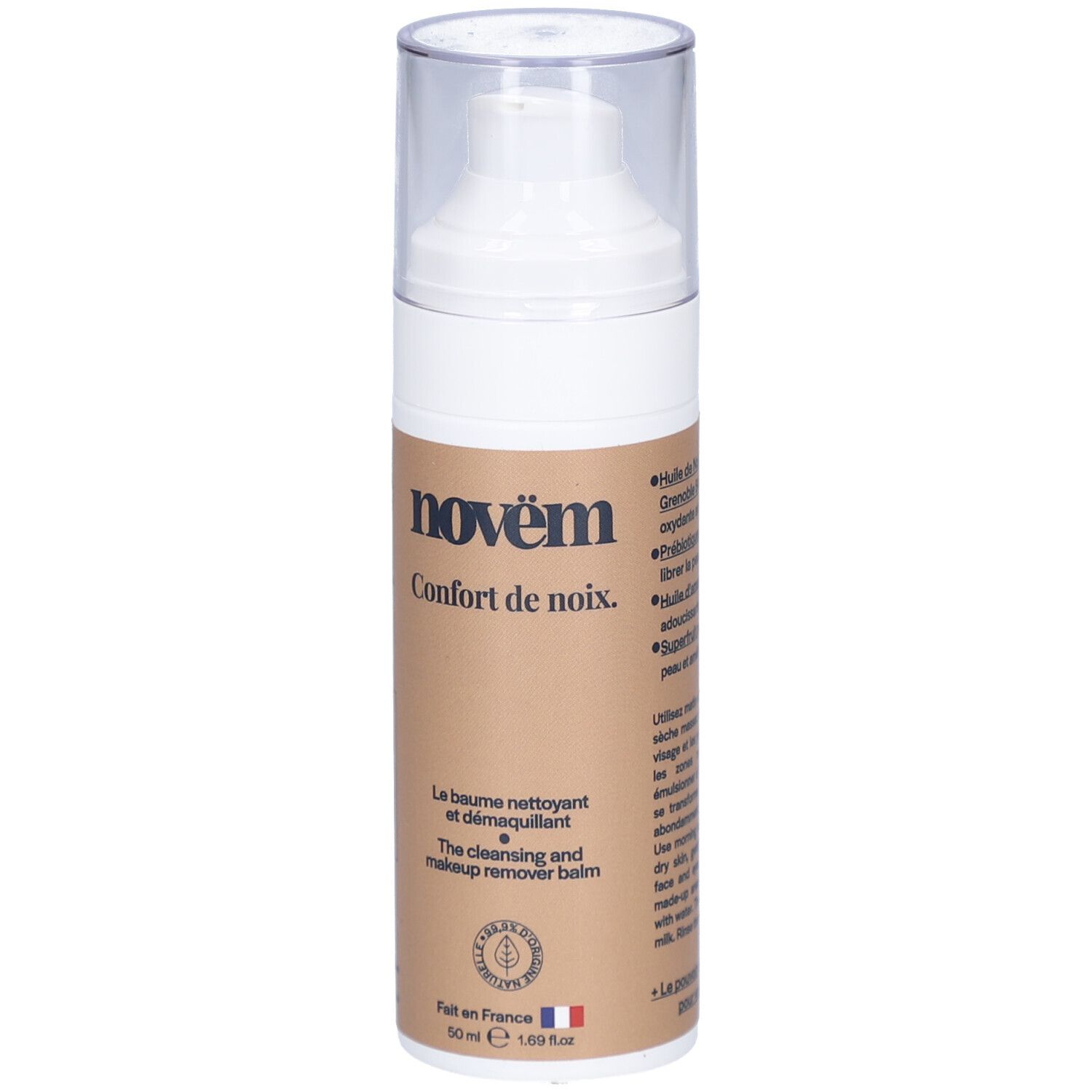 Flacon blanc avec bouchon transparent. Étiquette marron avec marque novëm, nom et ingrédients.