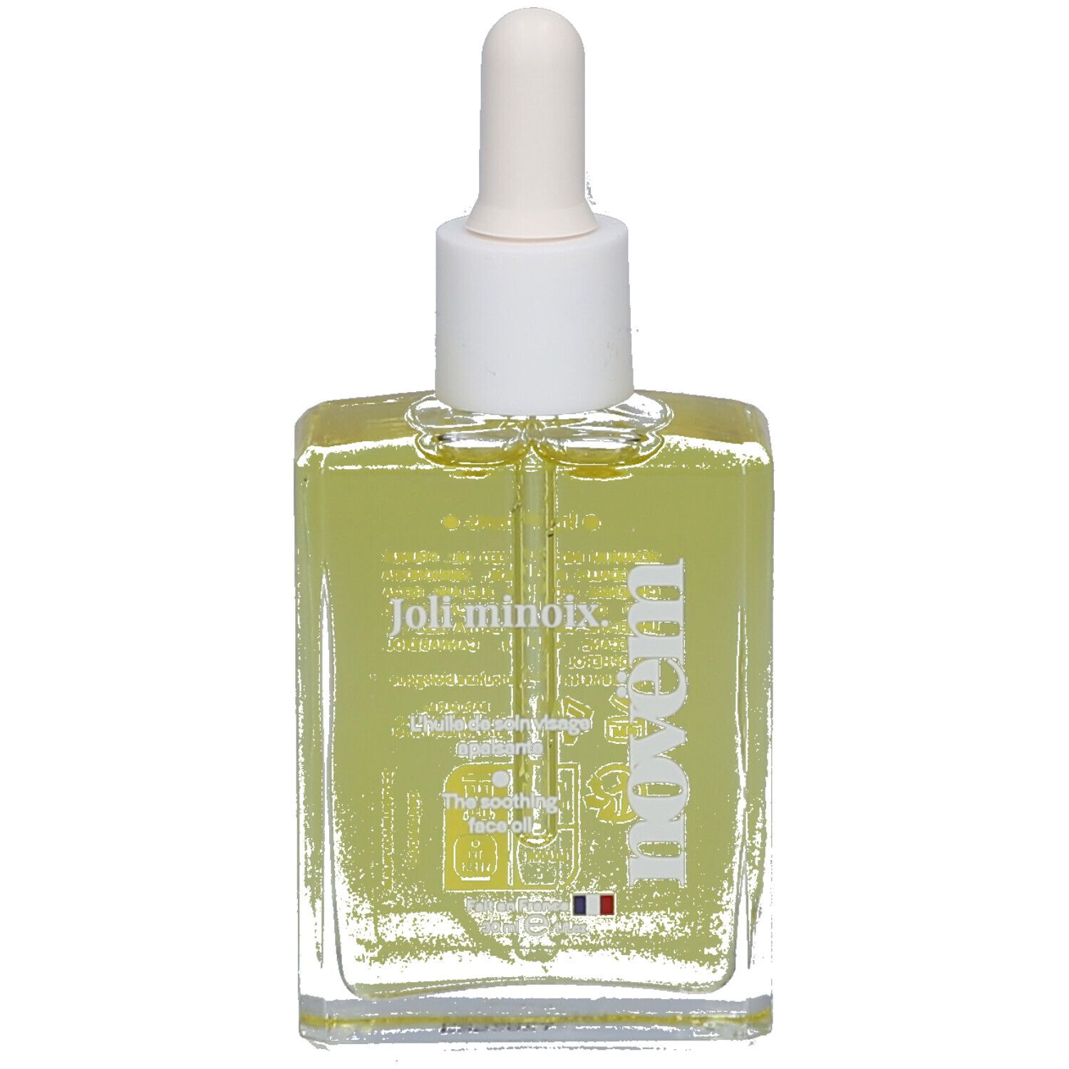 Flacon en verre transparent avec bouchon blanc et pipette. Liquide jaunâtre visible. Inscription : novem.