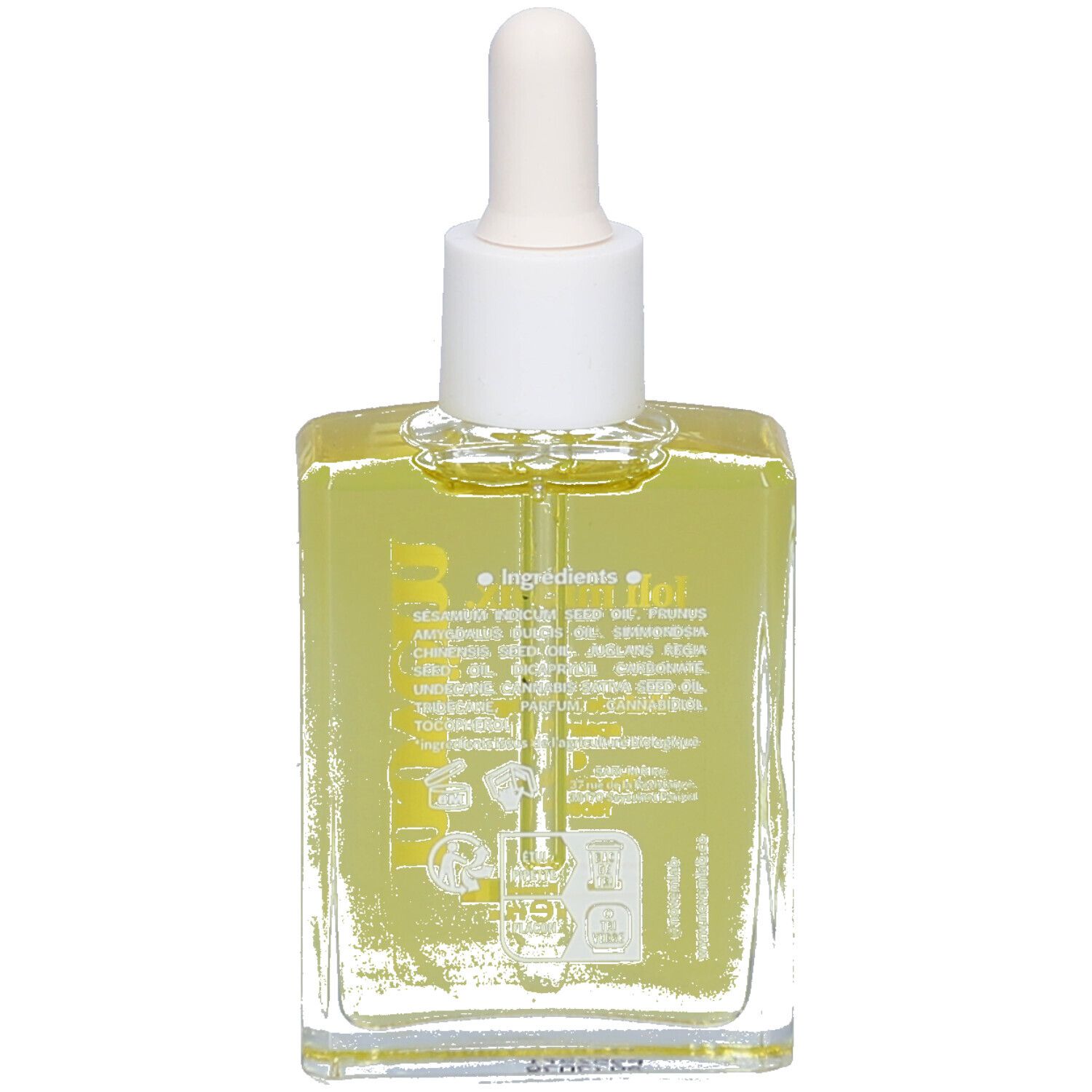Flacon en verre transparent avec bouchon blanc et pipette. Liquide jaunâtre visible. Inscription : Ingrédients.