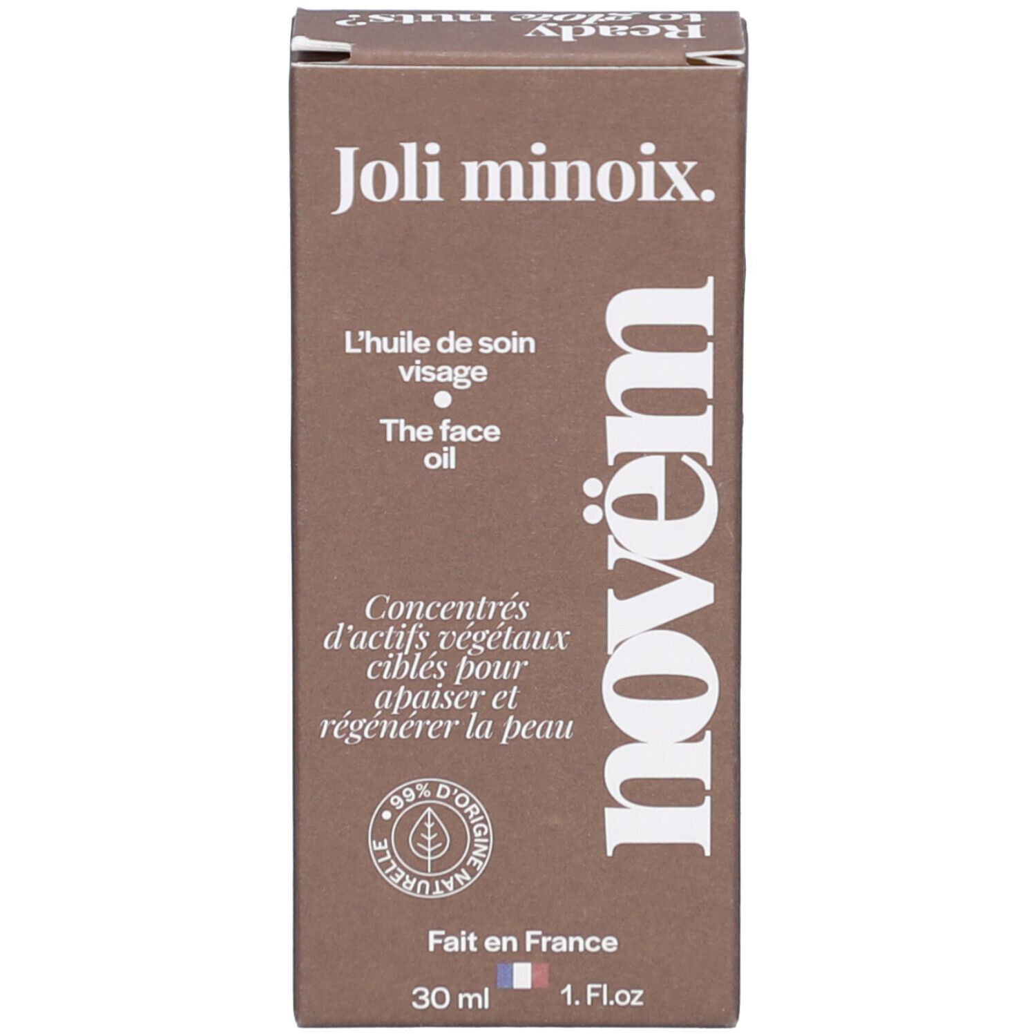 Emballage marron avec inscription : Joli minoix., L'huile de soin visage, novem. 30 ml. Fabriqué en France.