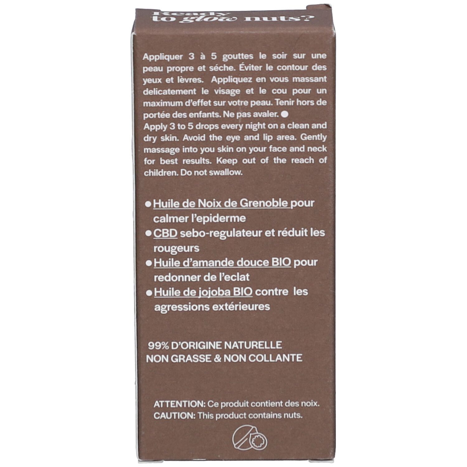 Emballage marron. Texte : Conseils d'utilisation, ingrédients, 99% d'origine naturelle. Texte en français.