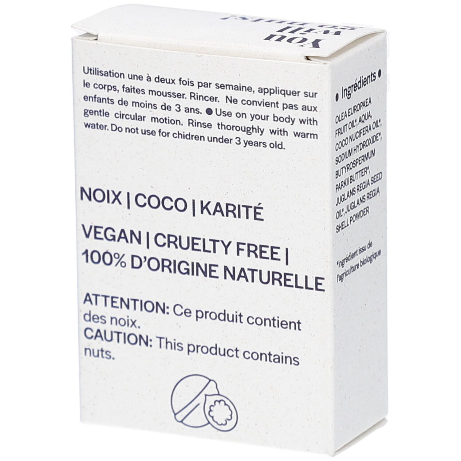 Boîte en carton blanche. Inscriptions: NOIX | COCO | KARITÉ, VEGAN | CRUELTY FREE | 100% D'ORIGINE NATURELLE. Contient des noix. Mode d'emploi.