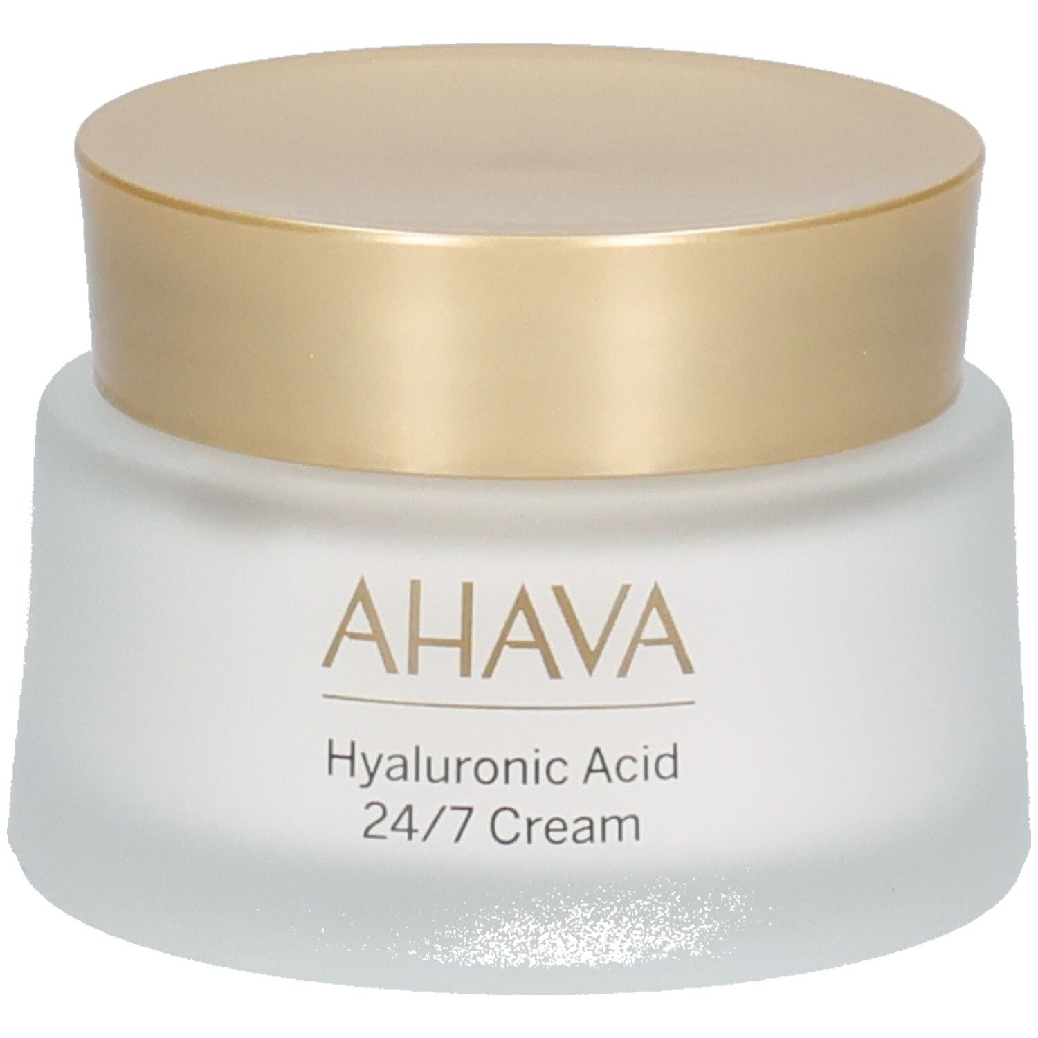 Pot de crème avec couvercle doré. Inscription AHAVA, Hyaluronic Acid 24/7 Cream.