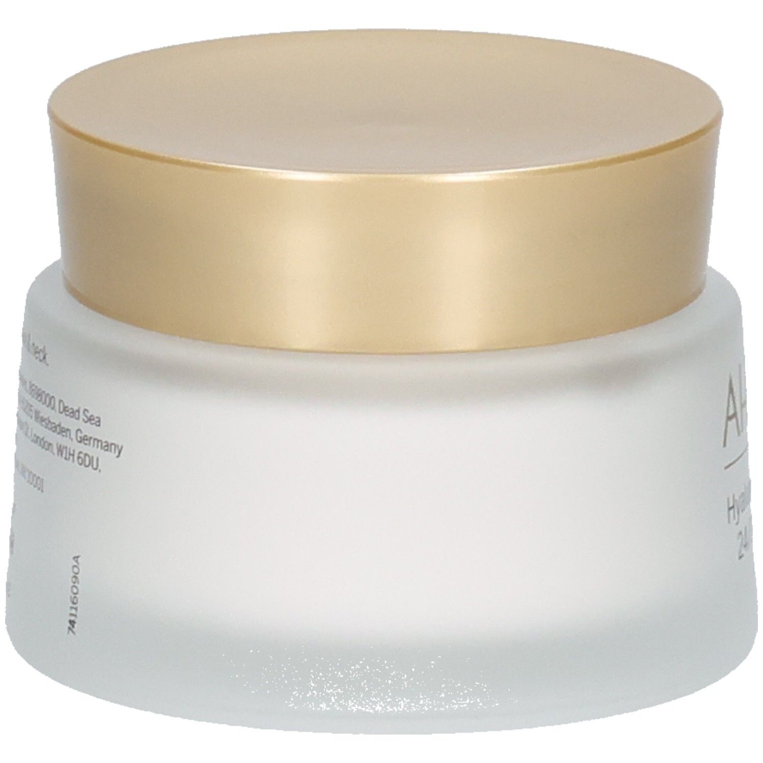 Pot de crème avec couvercle doré. Dos avec texte, dont informations fabricant.