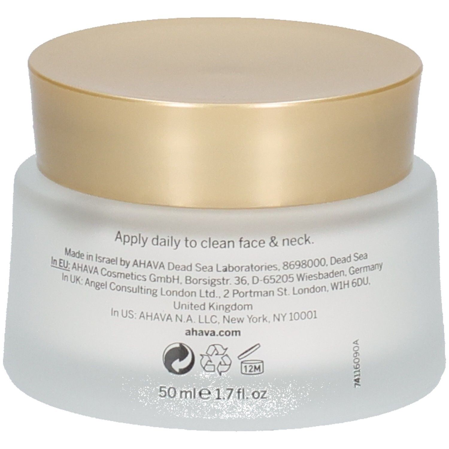 Pot de crème avec couvercle doré. Inscription et texte, dont instructions d'utilisation.