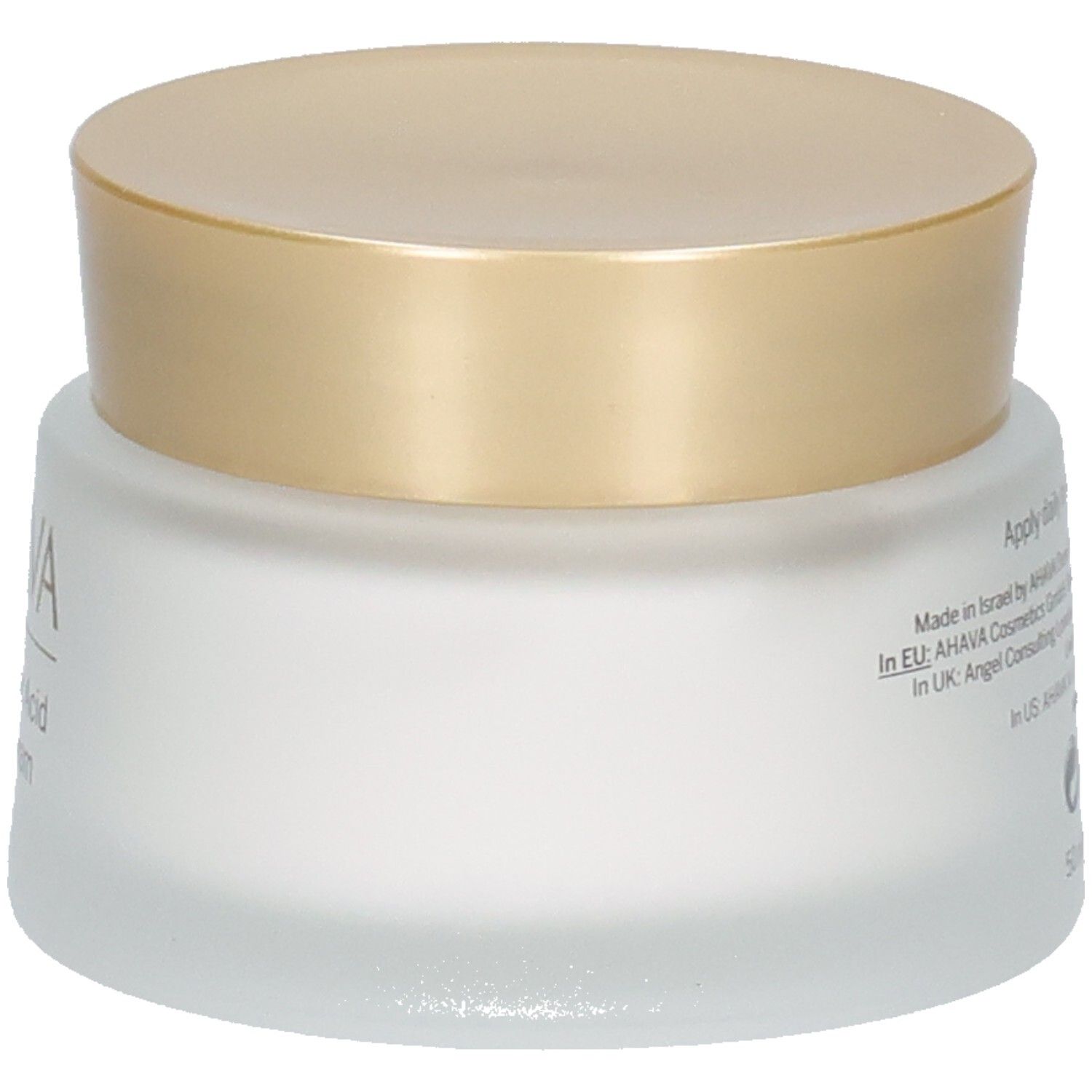 Pot de crème avec couvercle doré. Inscription AHAVA, Hyaluronic Acid 24/7 Cream.