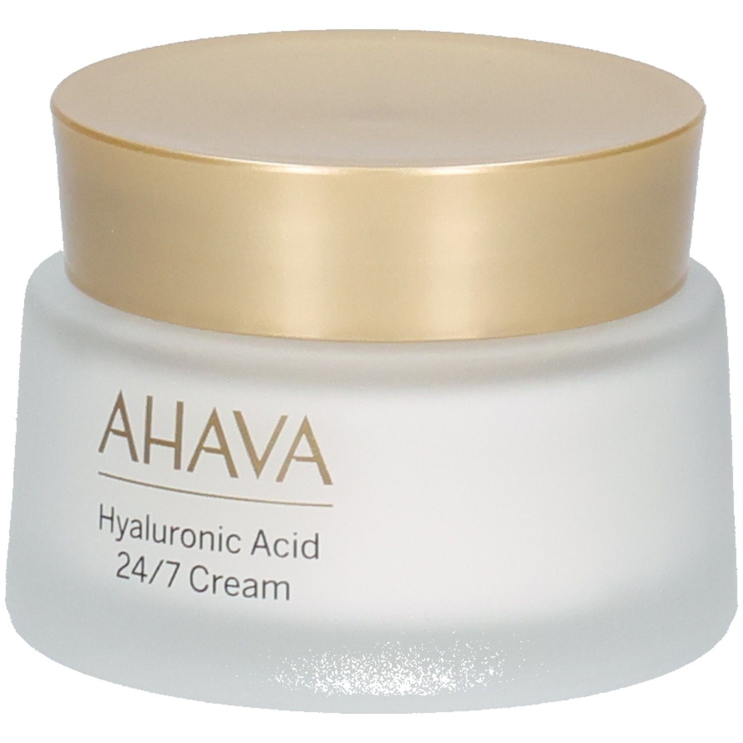 Pot de crème avec couvercle doré. Inscription AHAVA, Hyaluronic Acid 24/7 Cream.