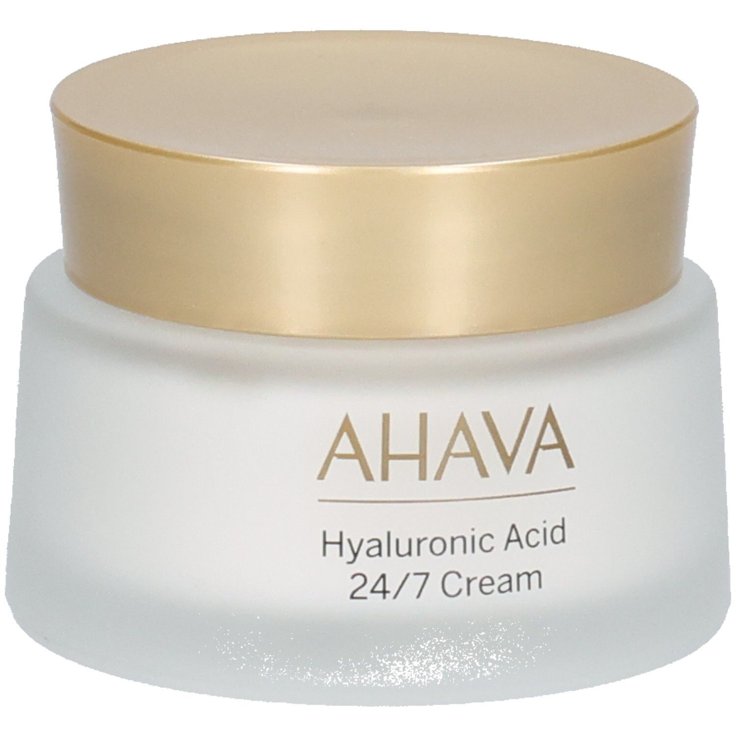 Pot de crème avec couvercle doré. Inscription AHAVA, Hyaluronic Acid 24/7 Cream.