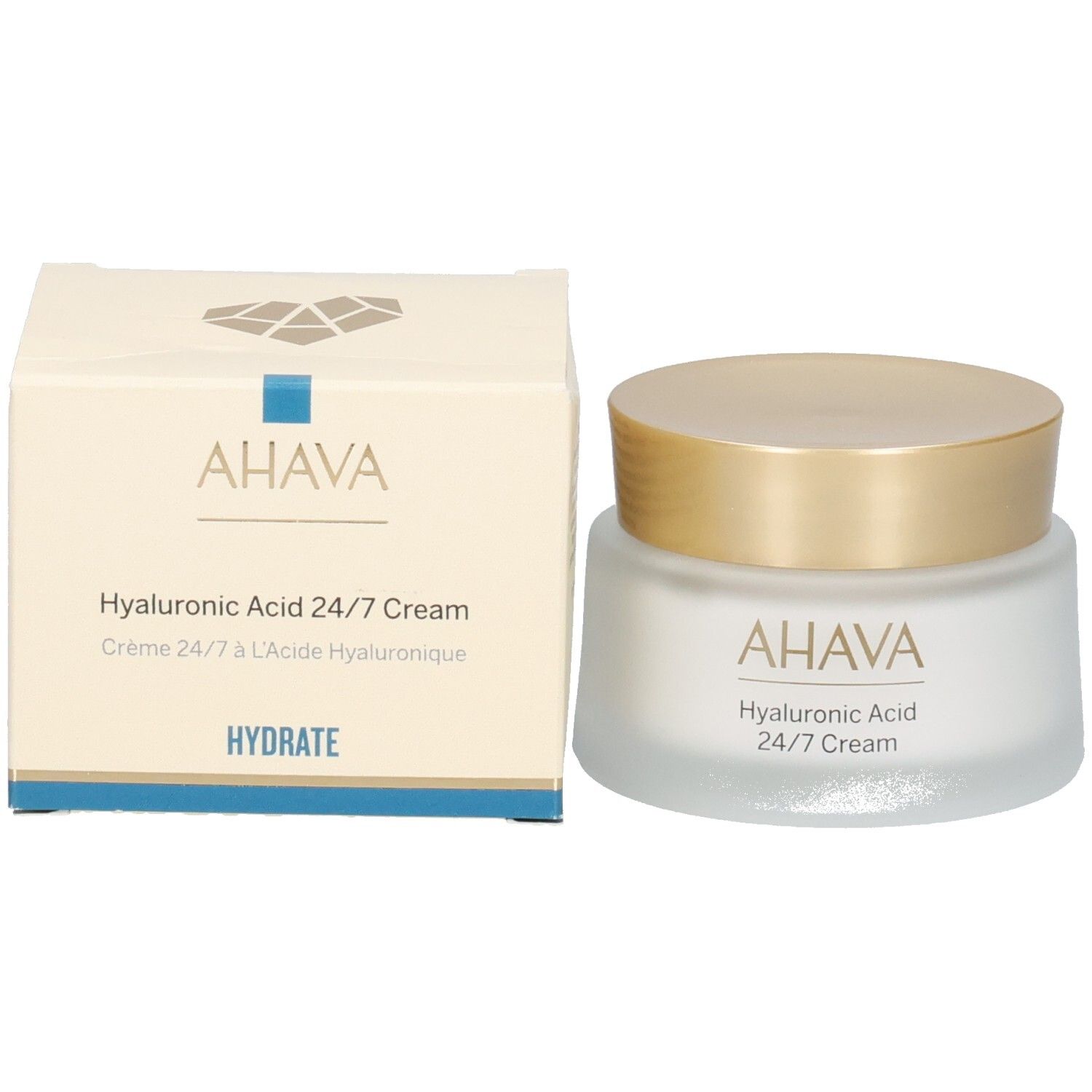 Pot de crème et boîte. Inscription AHAVA, Hyaluronic Acid 24/7 Cream. Boîte avec logo et HYDRATE.