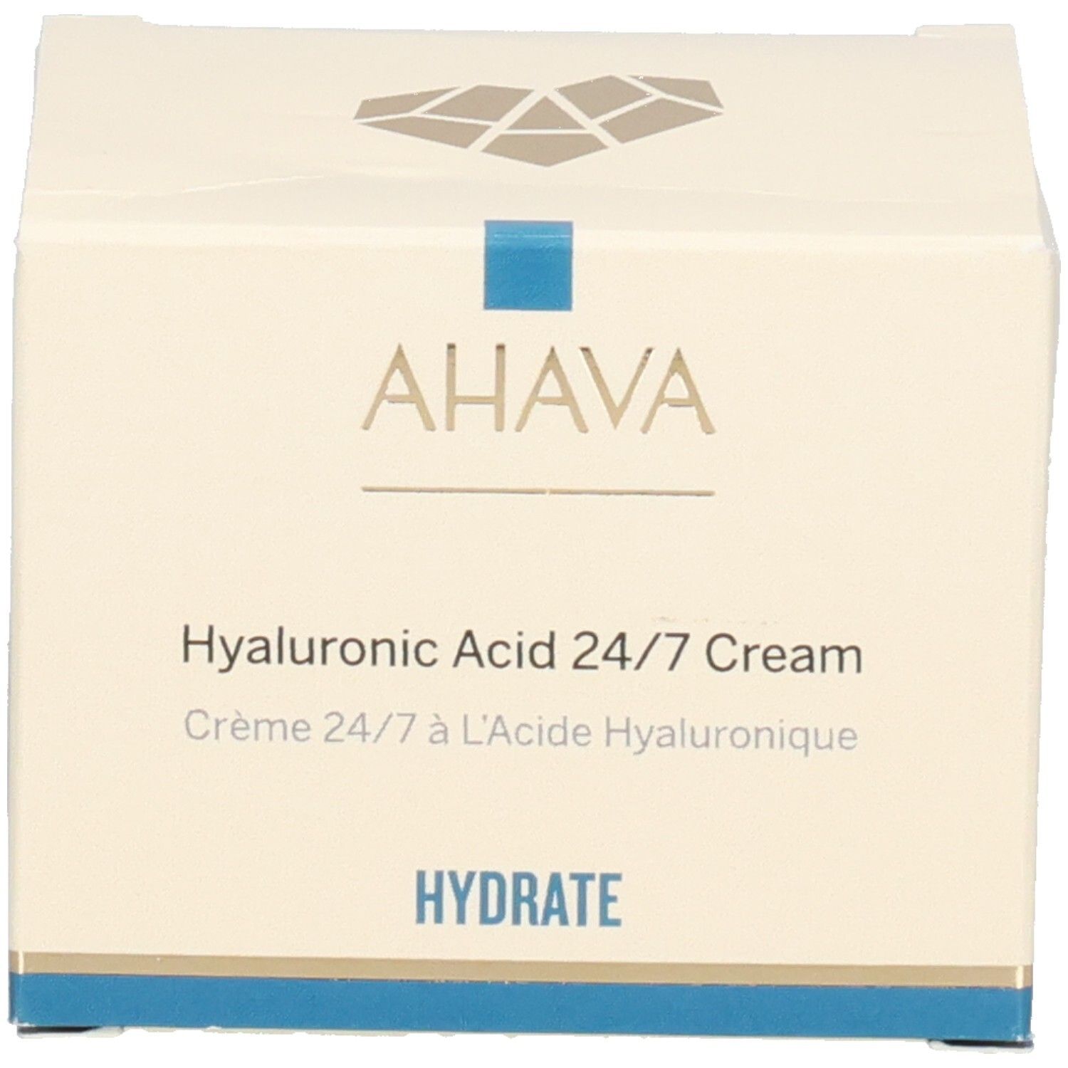 Boîte avec inscription AHAVA, Hyaluronic Acid 24/7 Cream. Logo et HYDRATE.