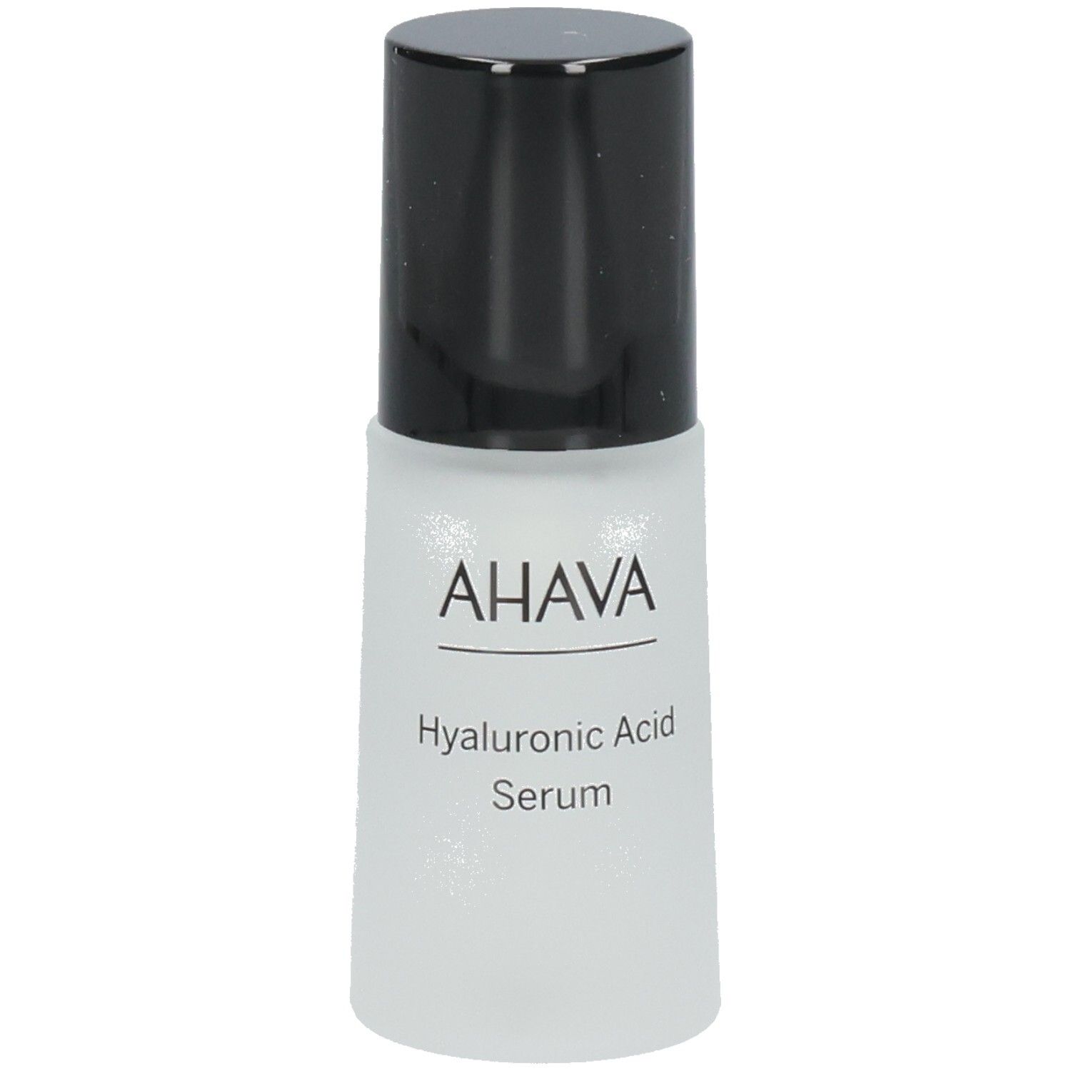 Sérum AHAVA à l'acide hyaluronique. Flacon cylindrique blanc avec bouchon noir. Inscriptions du produit visibles.