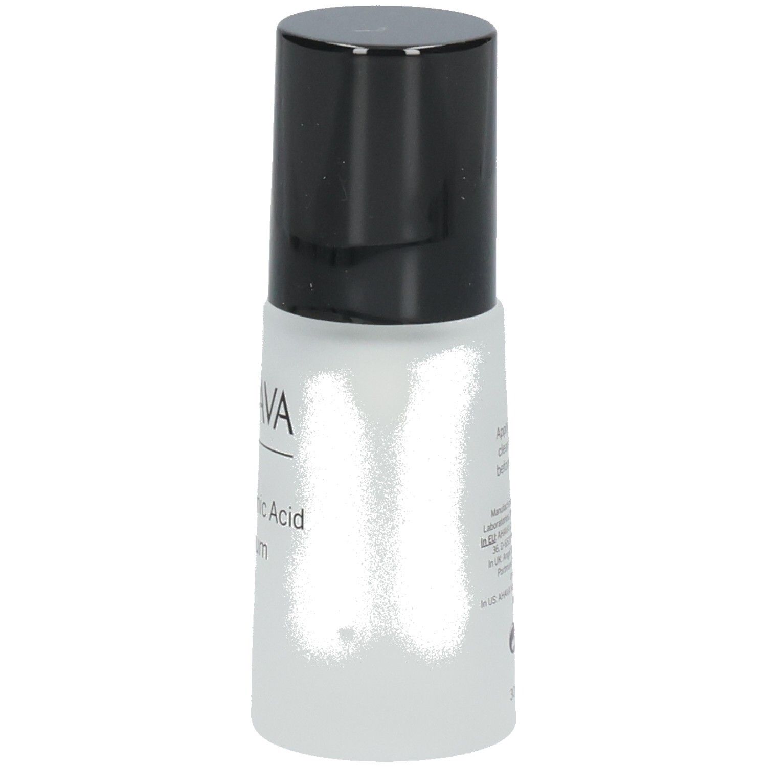 Sérum AHAVA à l'acide hyaluronique. Flacon avec bouchon noir. Informations et nom de la marque AHAVA visibles.