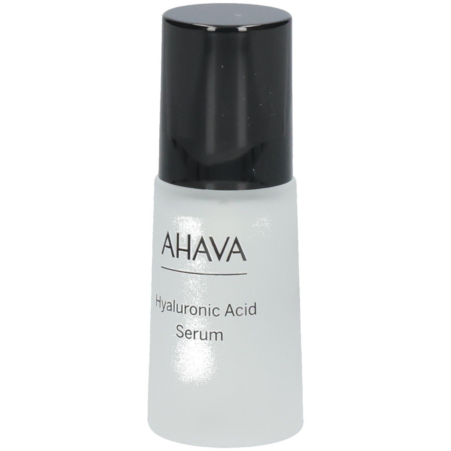 Sérum AHAVA à l'acide hyaluronique. Flacon avec bouchon noir. Nom du produit et marque AHAVA clairement visibles.
