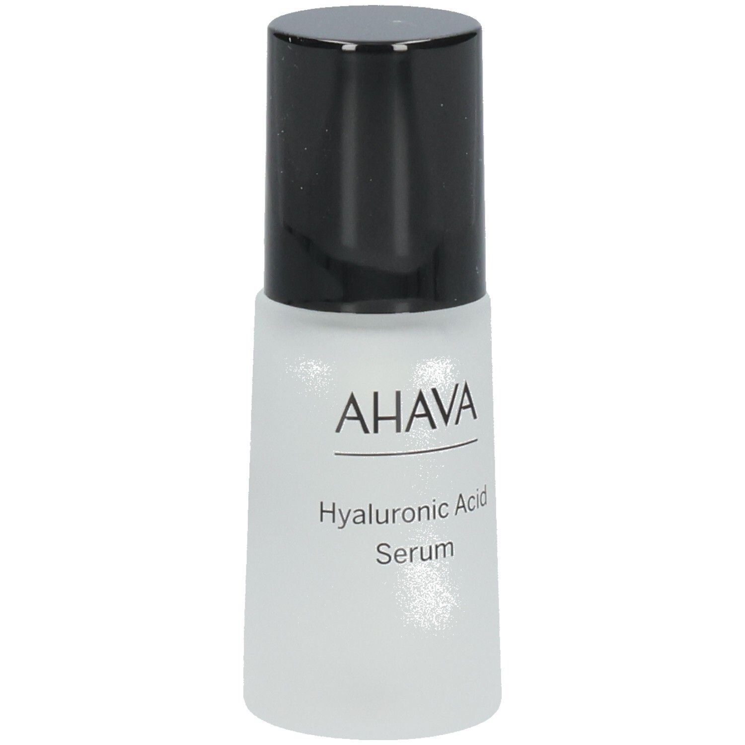 Sérum AHAVA à l'acide hyaluronique. Flacon avec bouchon noir. Nom du produit et marque AHAVA clairement visibles.