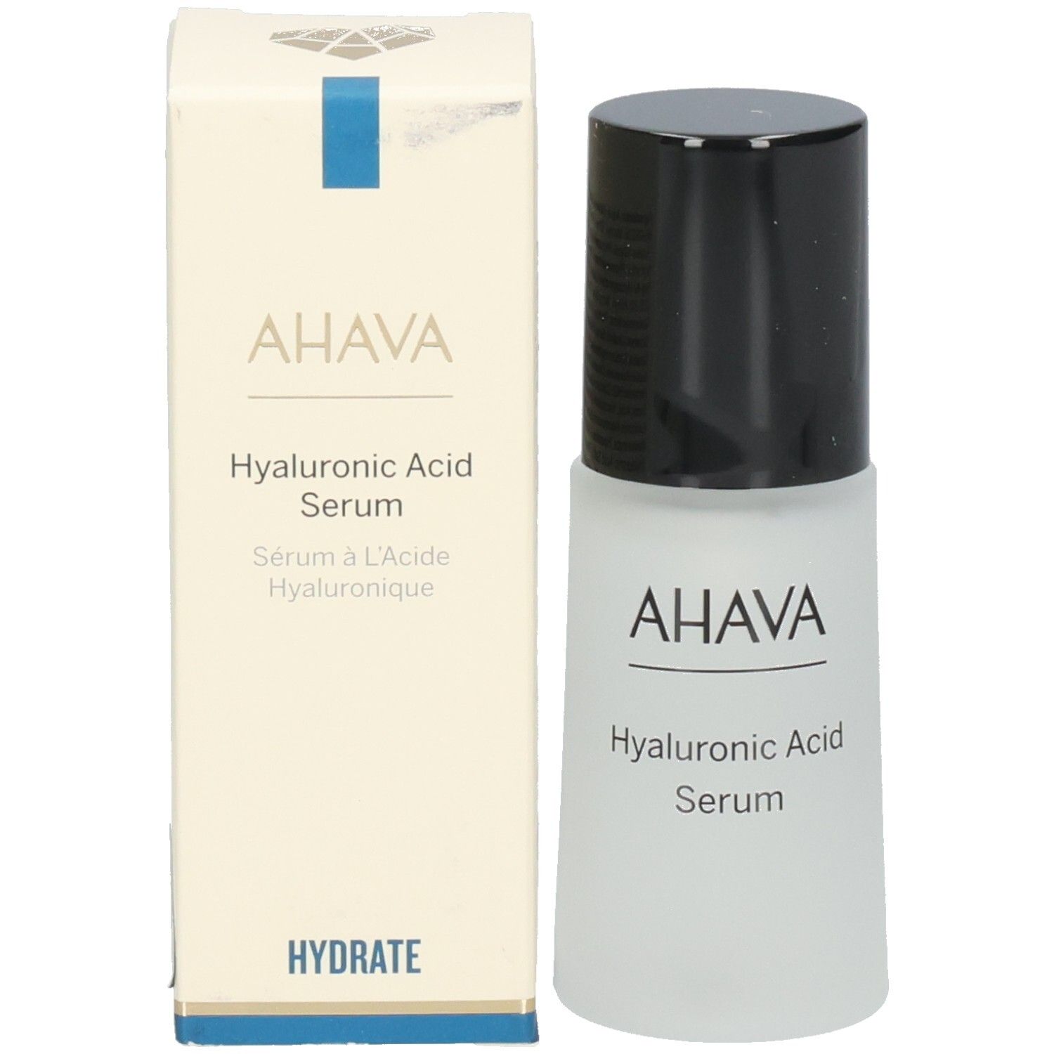 Sérum AHAVA à l'acide hyaluronique et emballage. Flacon et boîte. Inscription: Sérum à l'Acide Hyaluronique.