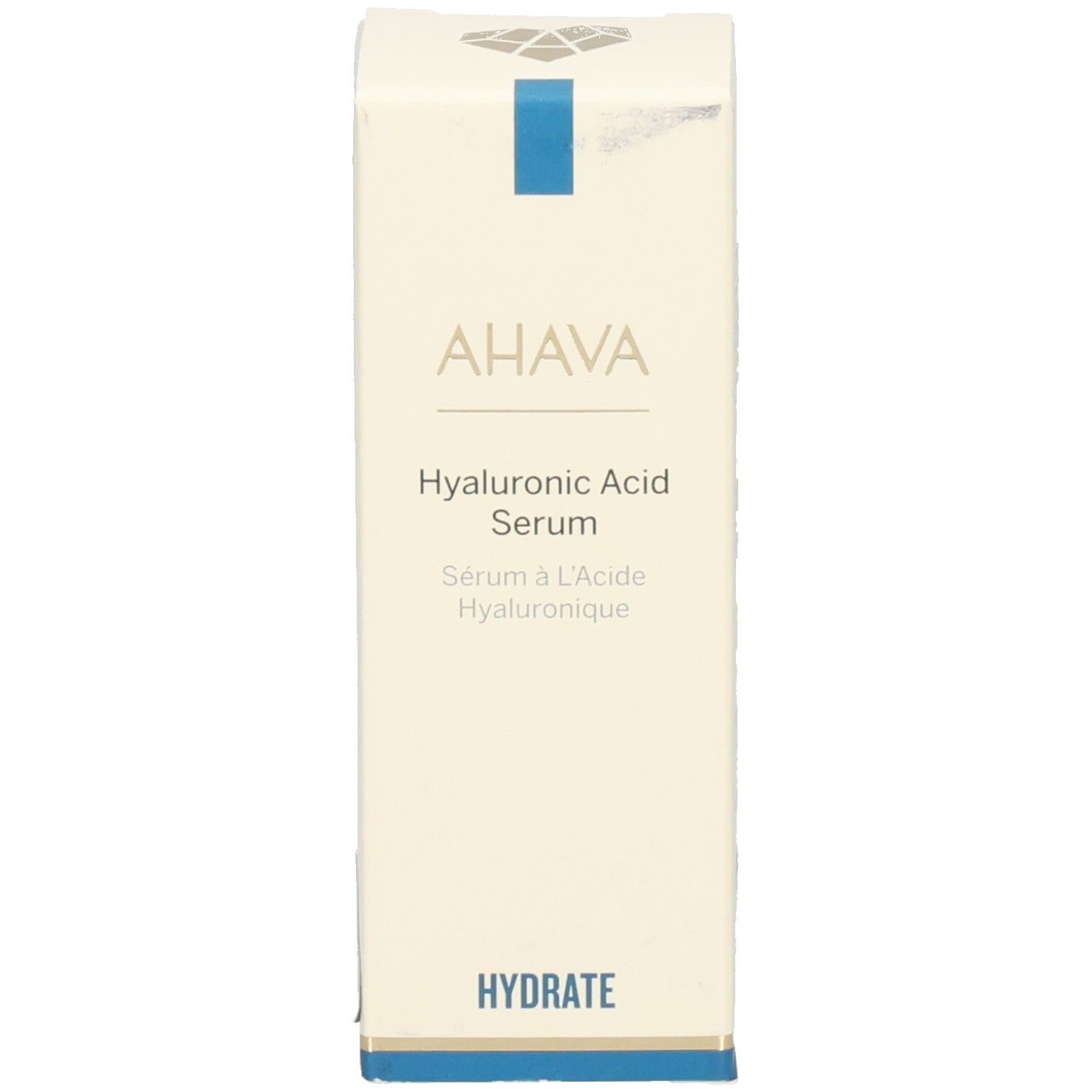 Emballage du sérum AHAVA à l'acide hyaluronique. Boîte avec informations. Inscription: Sérum à l'Acide Hyaluronique.