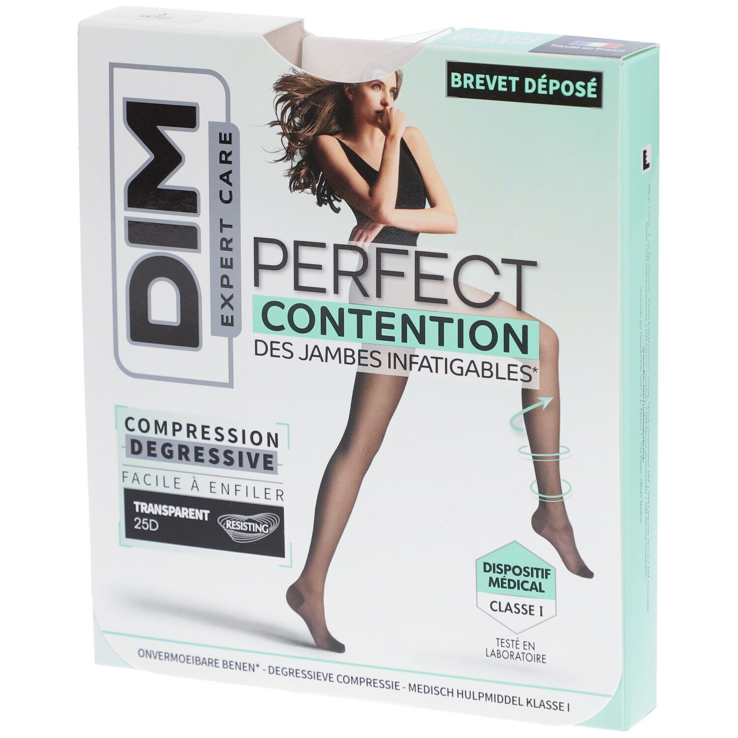 Boîte de collants DIM Expert Care. Inscriptions: Perfect Contention, transparent 25D, dispositif médical classe 1.