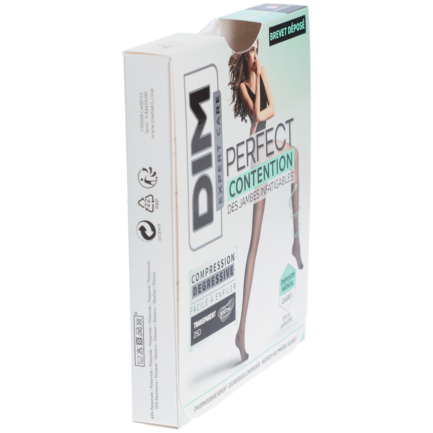 Boîte de collants DIM Expert Care, vue latérale. Inscriptions: Perfect Contention, transparent 25D.