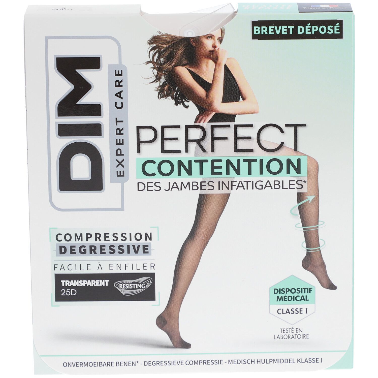 Boîte de collants DIM Expert Care. Inscriptions: Perfect Contention, transparent 25D, dispositif médical classe 1.