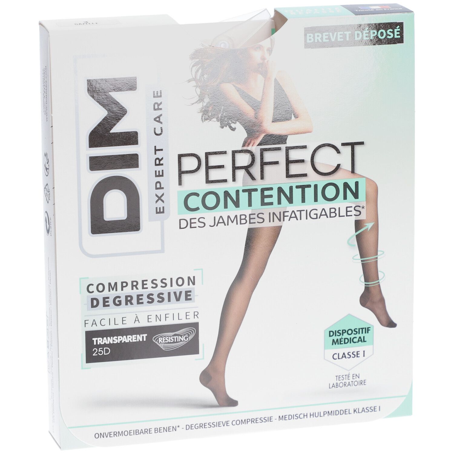 Boîte de collants DIM Expert Care. Inscriptions: Perfect Contention, transparent 25D, dispositif médical classe 1.