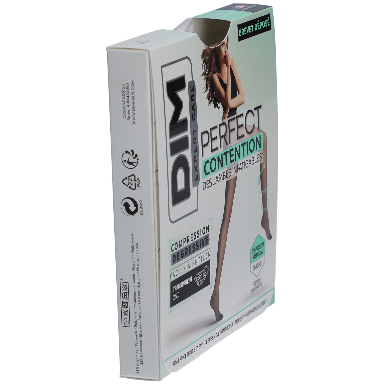 Vue latérale de la boîte de DIM COLL PERFECT Transpirant GAZELLE T2. Inscriptions: DIM, EXPERT CARE, PERFECT CONTENTION, bas de compression transparents.