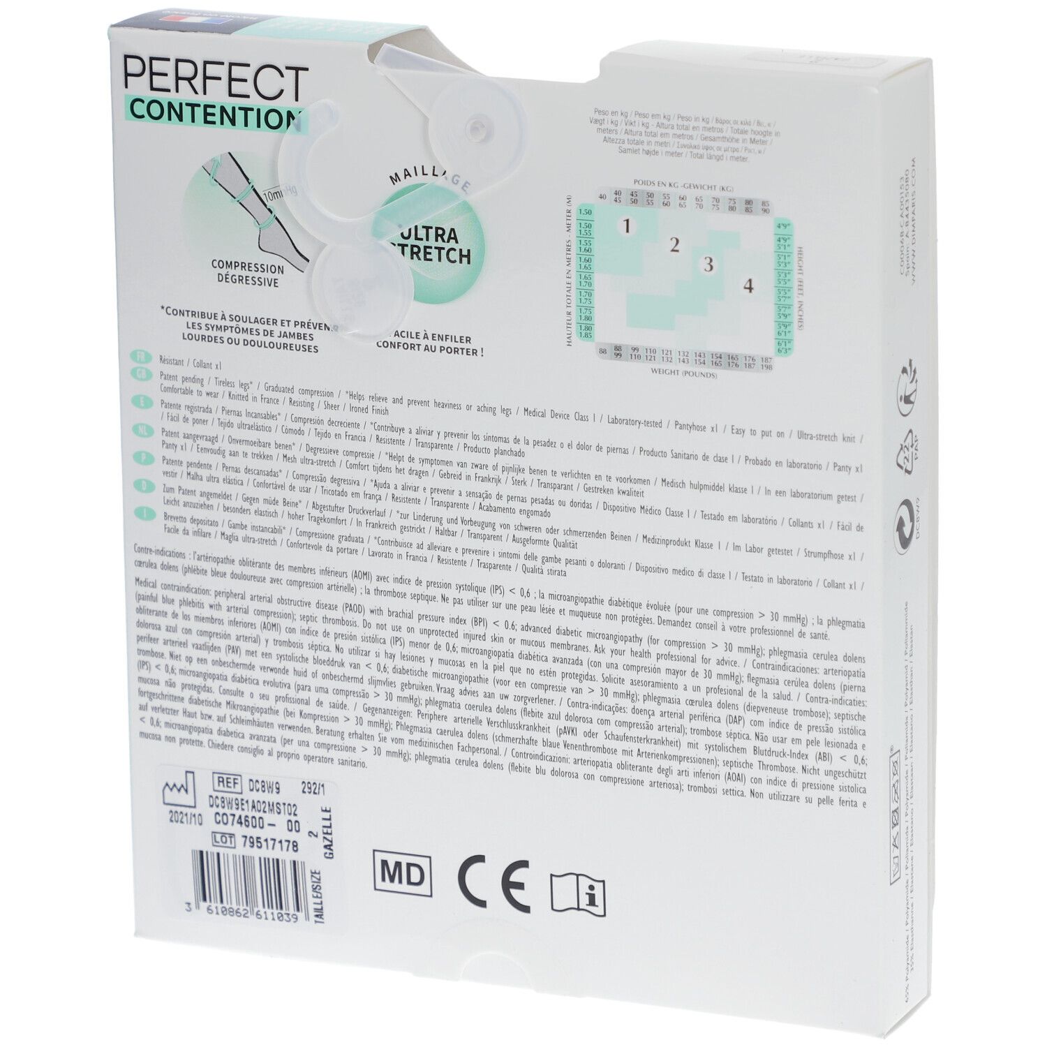 Dos de la boîte de DIM COLL PERFECT Transpirant GAZELLE T2. Texte et schémas avec informations produit et certifications.
